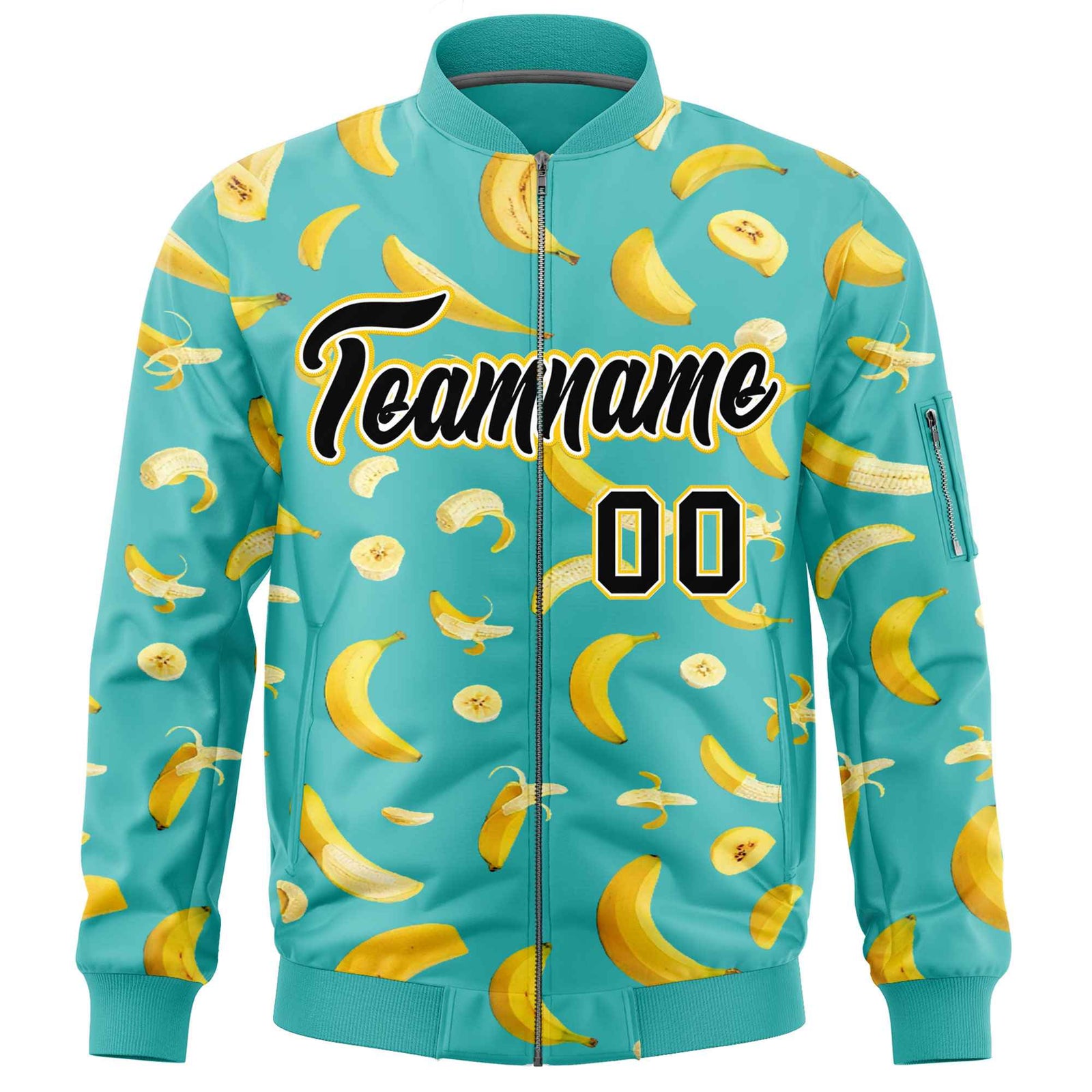 Custom Teal Varsity Full-Zip Banana Pattern Letterman Bomber Jacket | Graffiti Pattern | Embroidery&Dye-sublimation printing | KXKSHOP