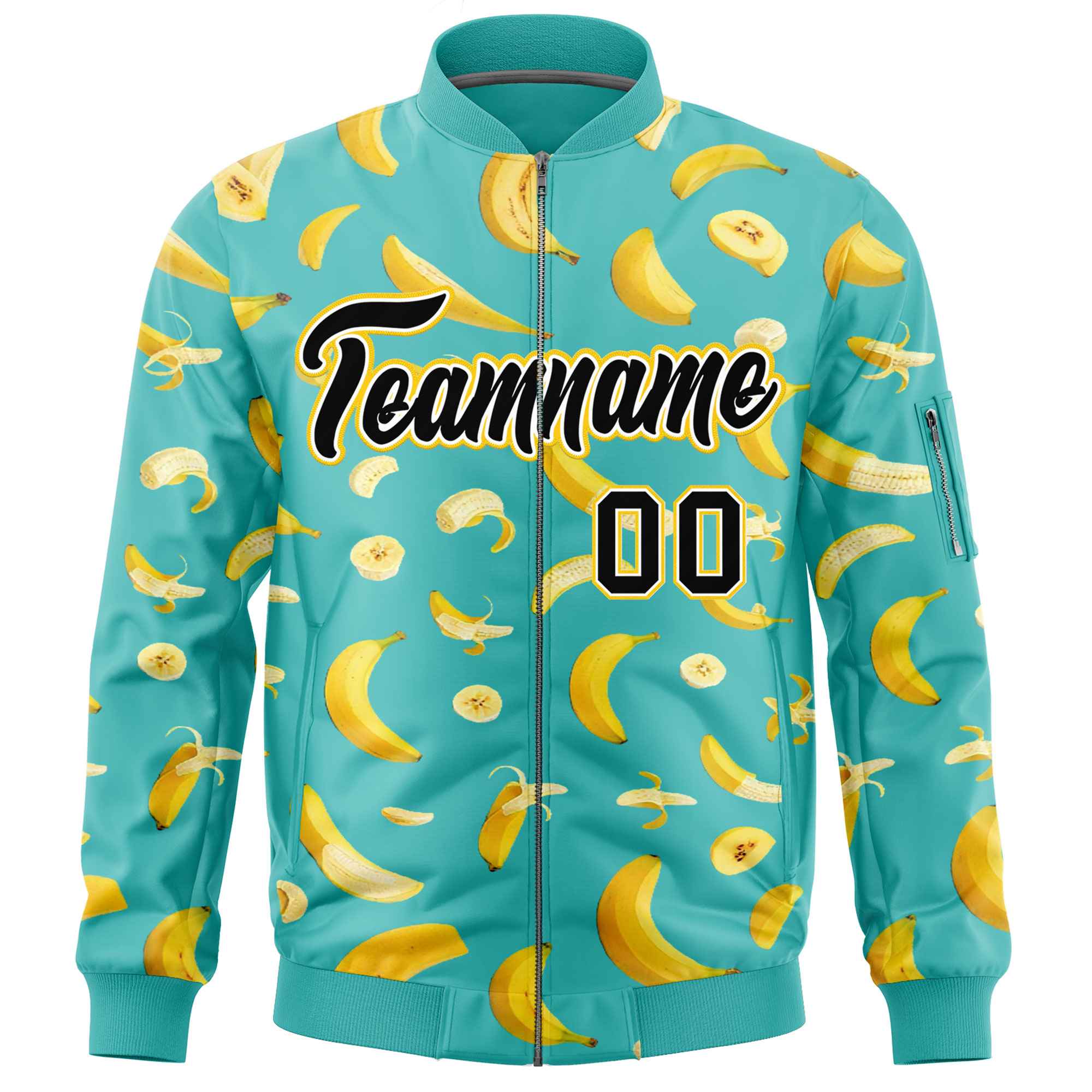 Custom Teal Varsity Full-Zip Banana Pattern Letterman Bomber Jacket | Graffiti Pattern | Embroidery&Dye-sublimation printing | KXKSHOP