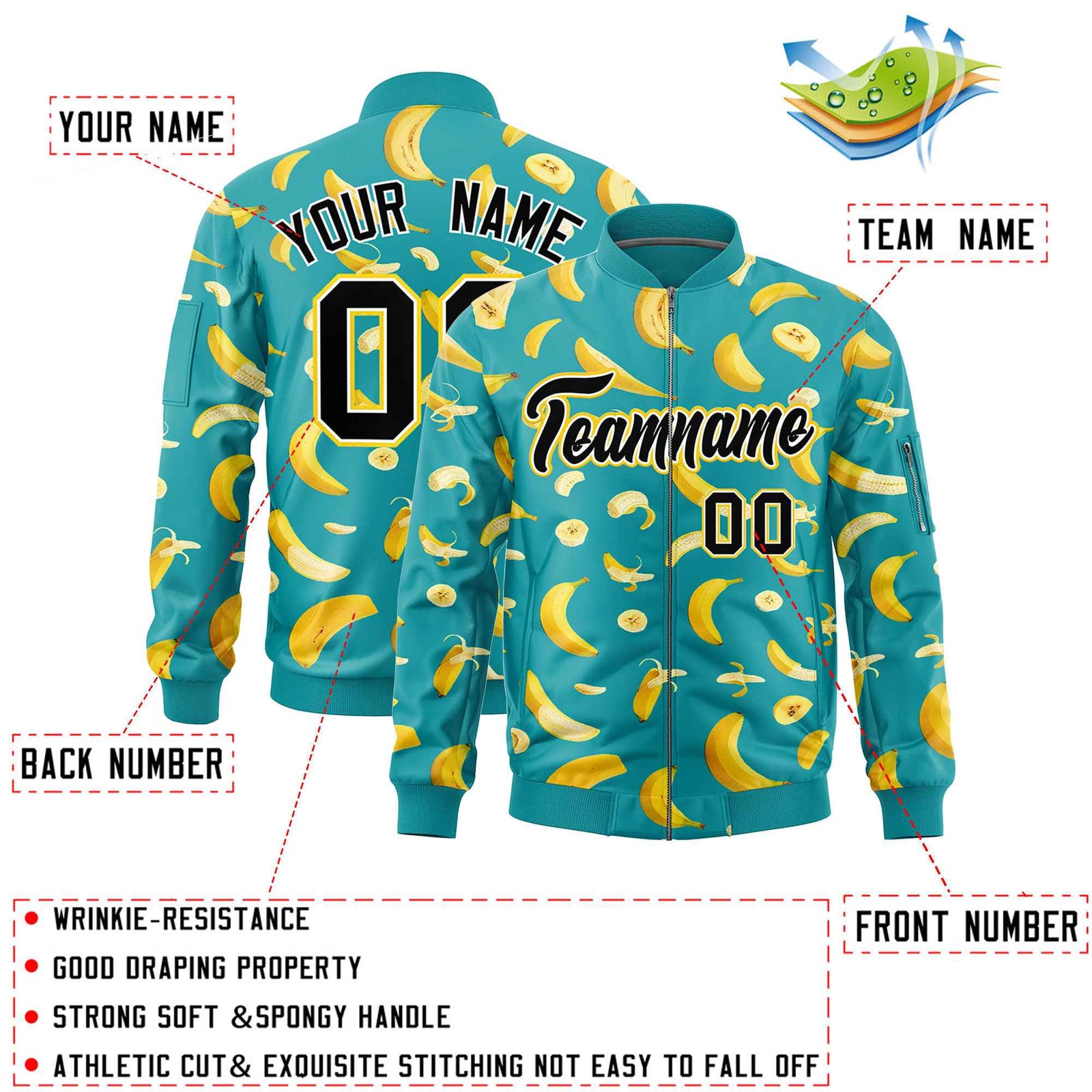 Custom Aqua Varsity Full-Zip Banana Pattern Letterman Bomber Jacket | Graffiti Pattern | Embroidery&Dye-sublimation printing | KXKSHOP