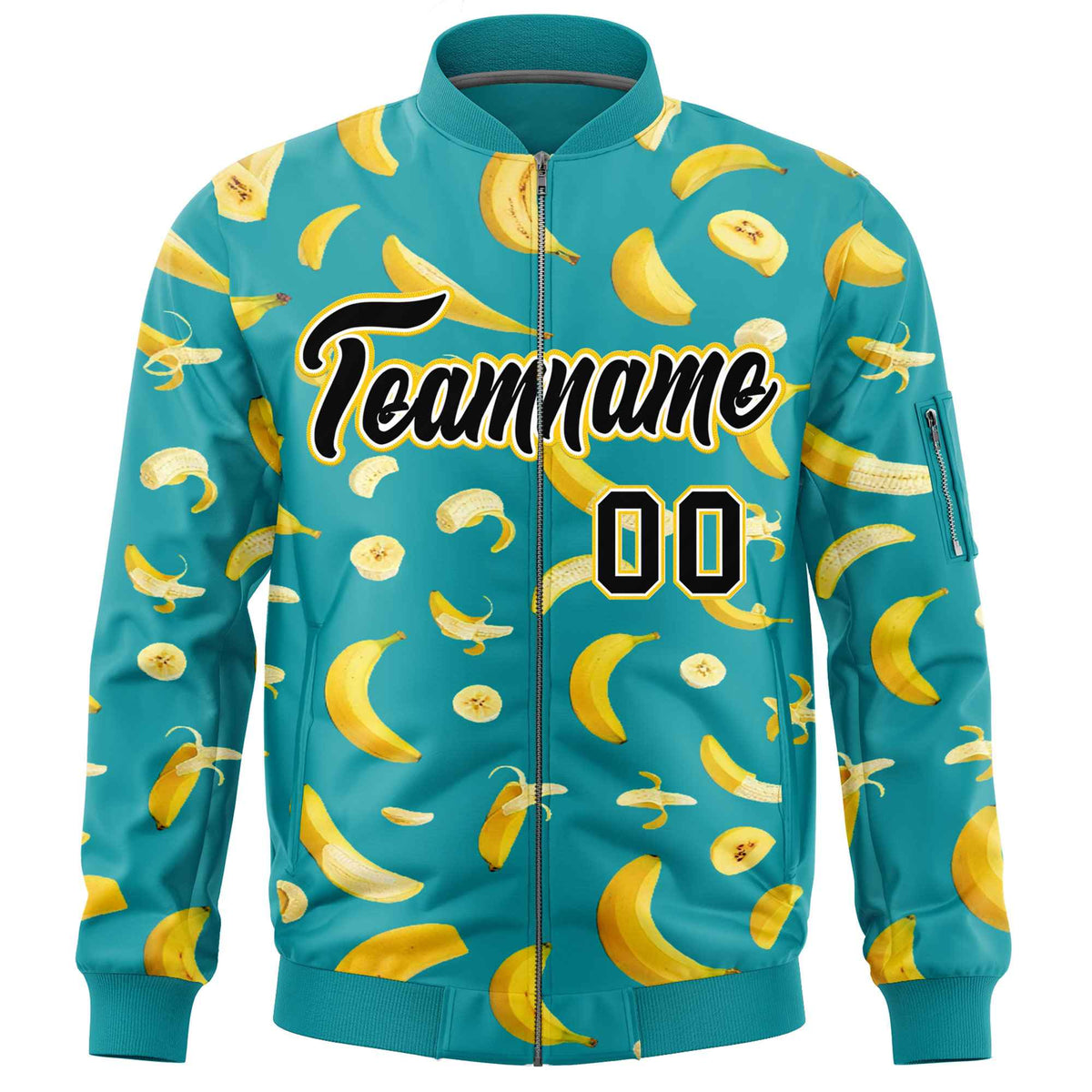 Custom Aqua Varsity Full-Zip Banana Pattern Letterman Bomber Jacket | Graffiti Pattern | Embroidery&amp;Dye-sublimation printing | KXKSHOP