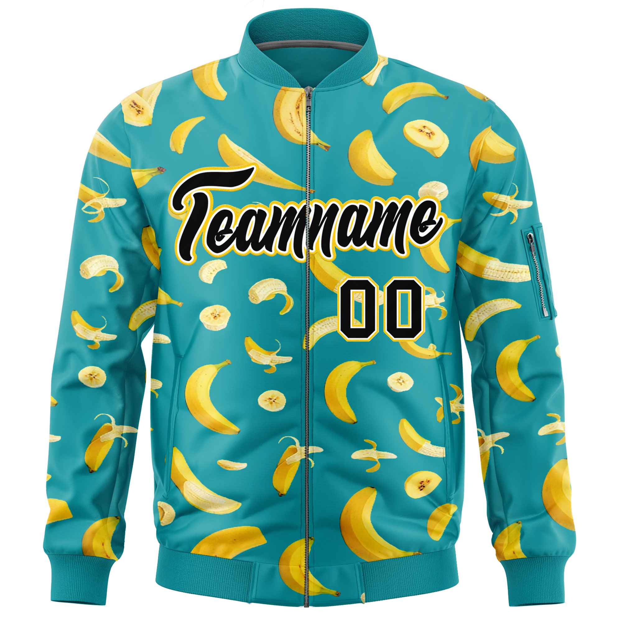 Custom Aqua Varsity Full-Zip Banana Pattern Letterman Bomber Jacket | Graffiti Pattern | Embroidery&Dye-sublimation printing | KXKSHOP