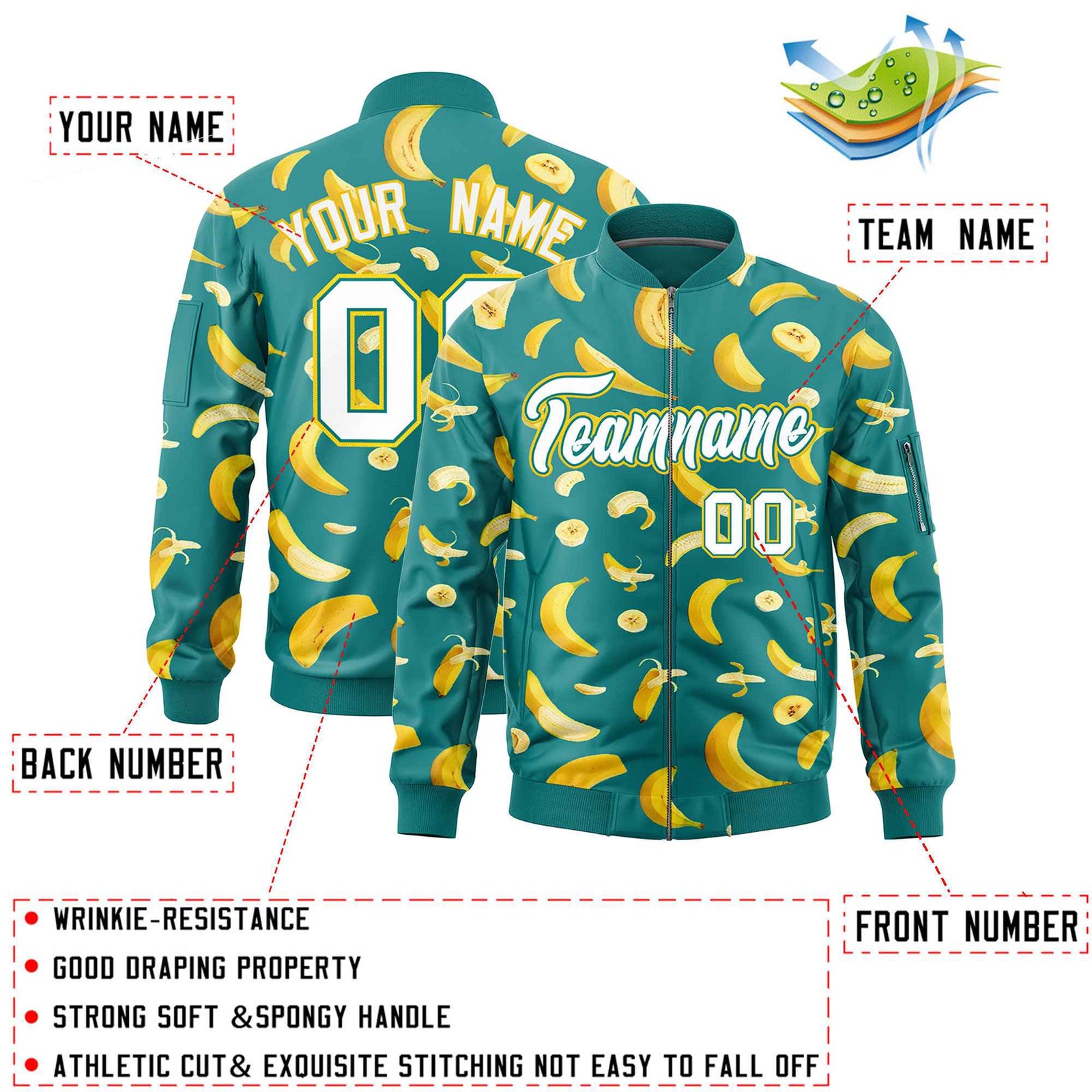 Custom Teal Varsity Full-Zip Banana Pattern Letterman Bomber Jacket | Graffiti Pattern | Embroidery&Dye-sublimation printing | KXKSHOP