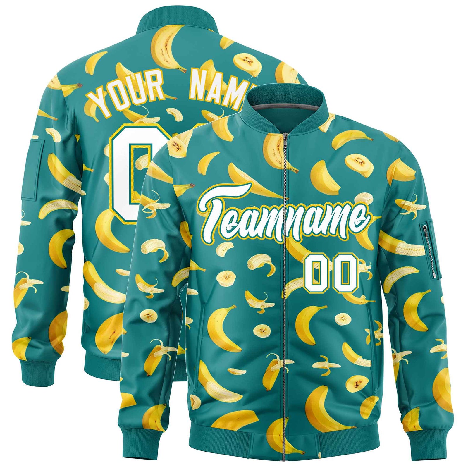 Custom Teal Varsity Full-Zip Banana Pattern Letterman Bomber Jacket | Graffiti Pattern | Embroidery&Dye-sublimation printing | KXKSHOP