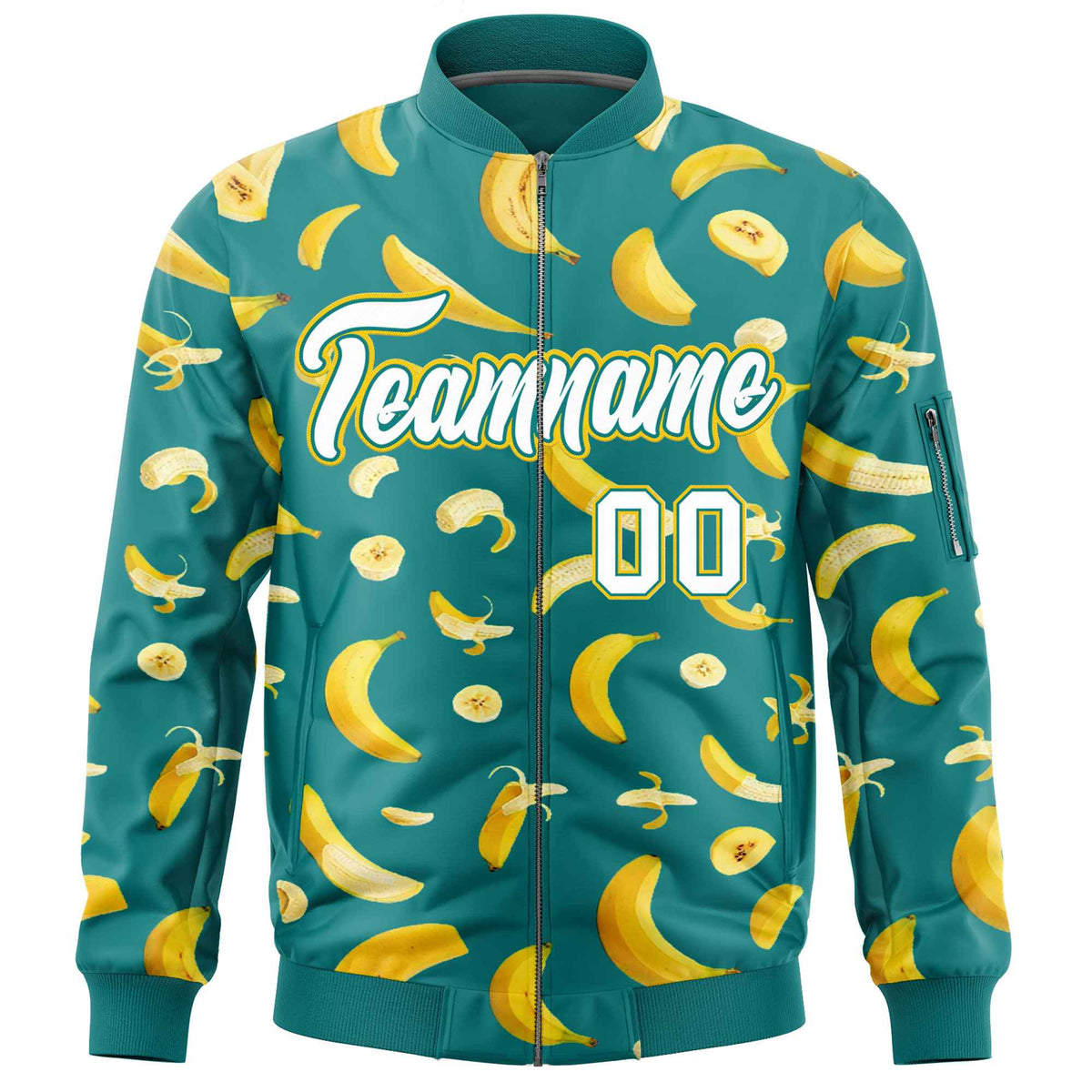Custom Teal Varsity Full-Zip Banana Pattern Letterman Bomber Jacket | Graffiti Pattern | Embroidery&amp;Dye-sublimation printing | KXKSHOP