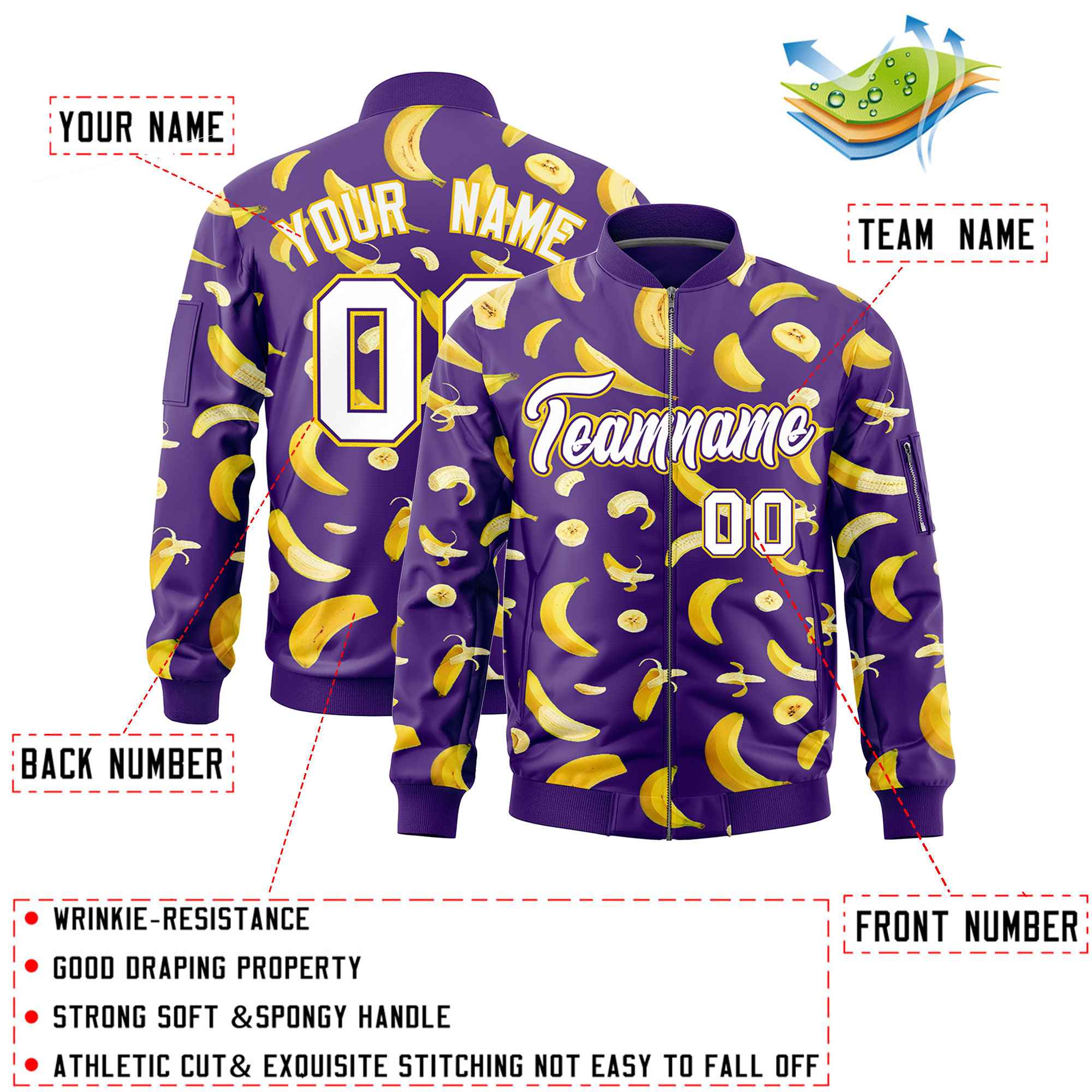 Custom Purple Varsity Full-Zip Banana Pattern Letterman Bomber Jacket | Graffiti Pattern | Embroidery&Dye-sublimation printing | KXKSHOP