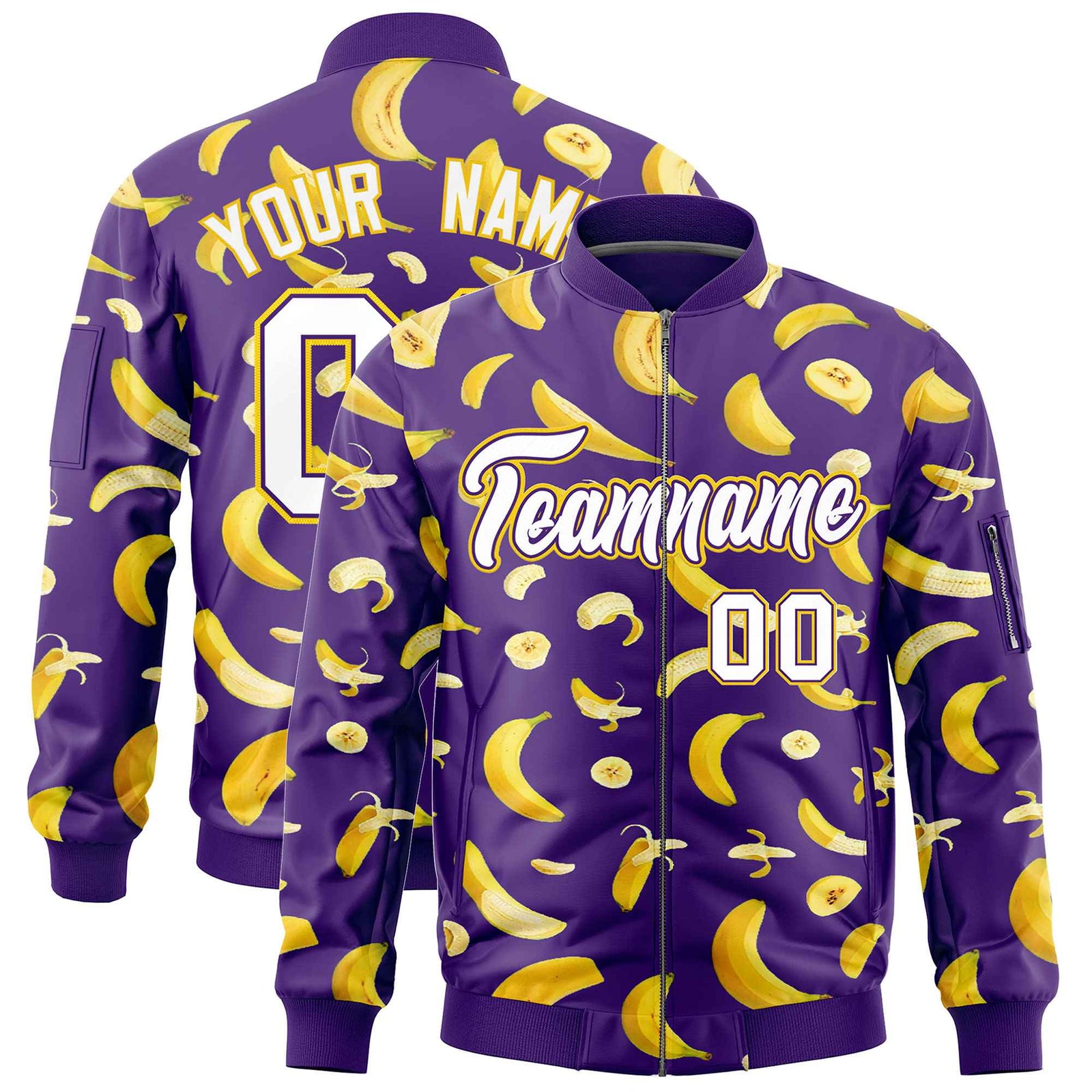 Custom Purple Varsity Full-Zip Banana Pattern Letterman Bomber Jacket | Graffiti Pattern | Embroidery&Dye-sublimation printing | KXKSHOP