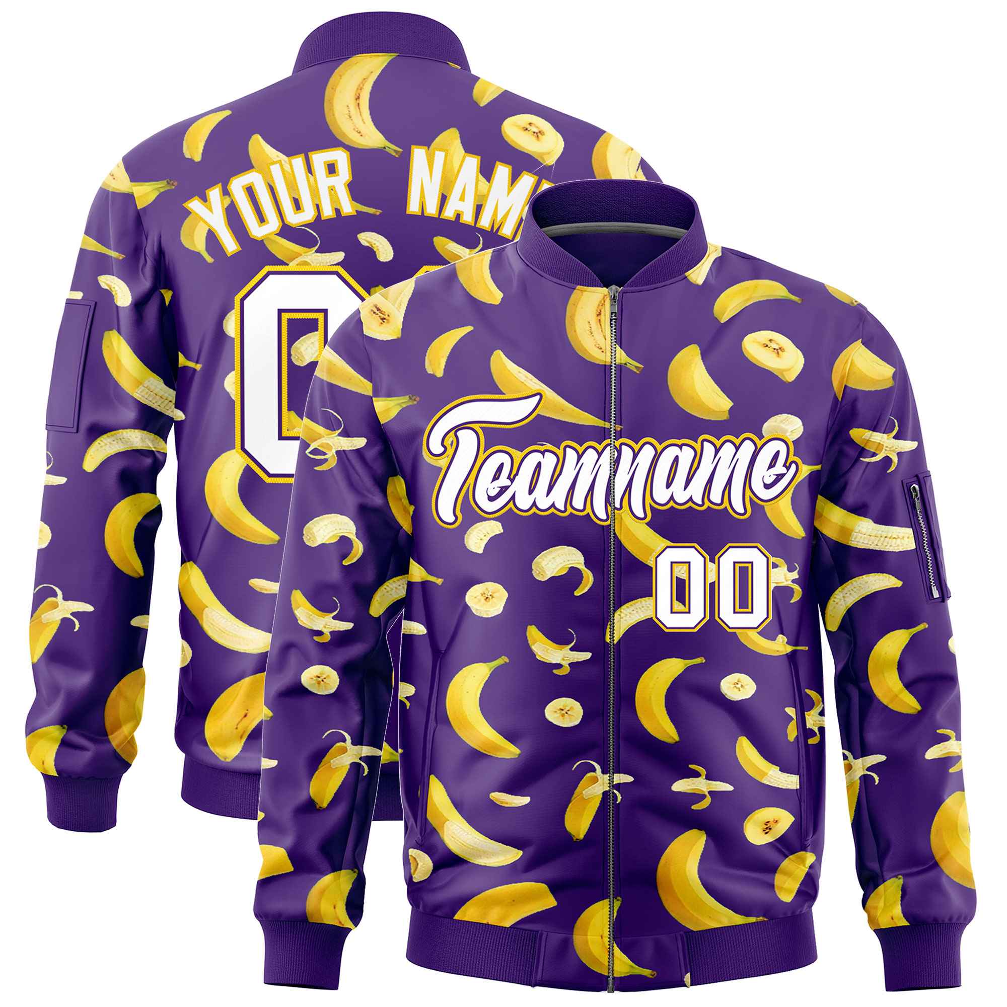 Custom Purple Varsity Full-Zip Banana Pattern Letterman Bomber Jacket | Graffiti Pattern | Embroidery&Dye-sublimation printing | KXKSHOP