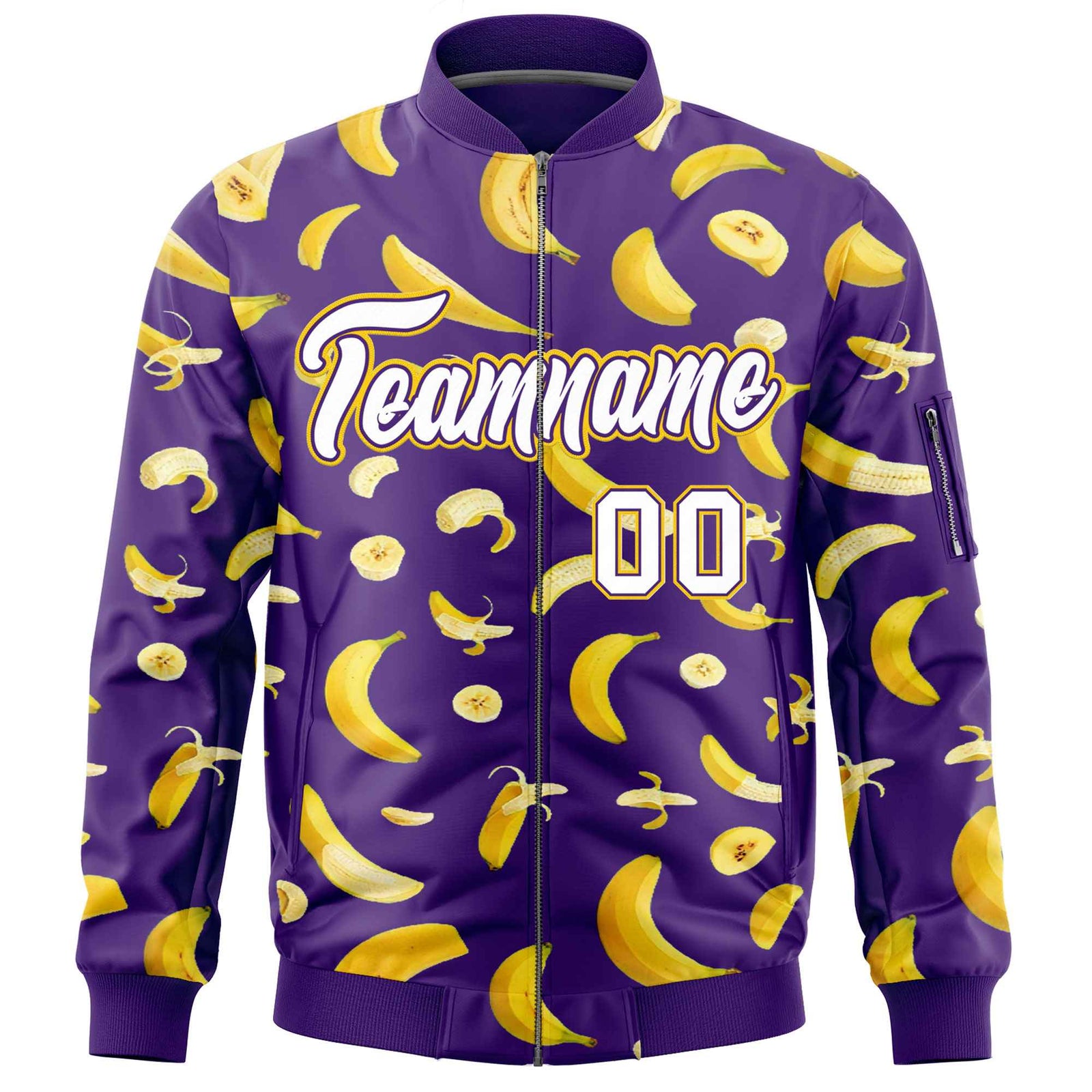 Custom Purple Varsity Full-Zip Banana Pattern Letterman Bomber Jacket | Graffiti Pattern | Embroidery&Dye-sublimation printing | KXKSHOP