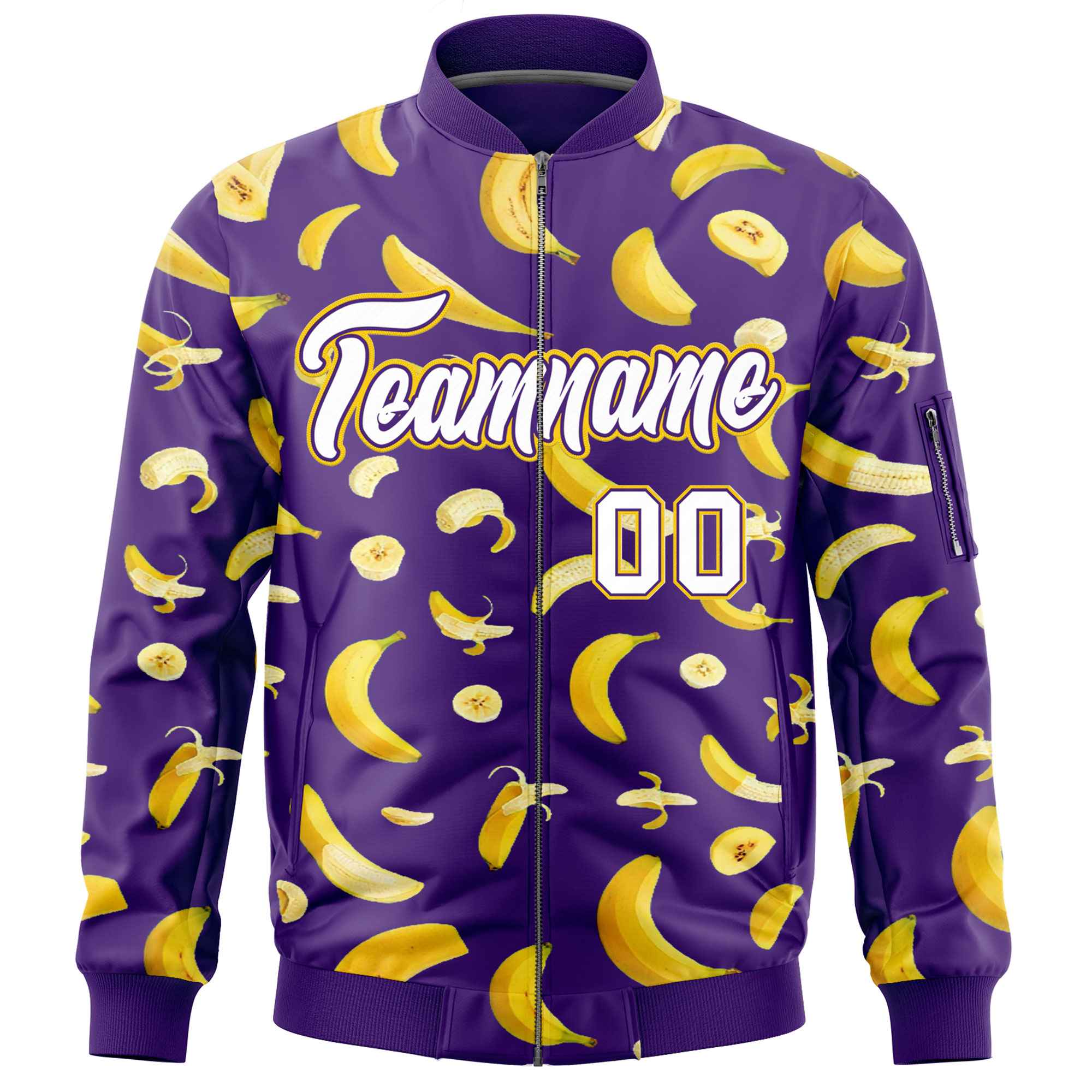 Custom Purple Varsity Full-Zip Banana Pattern Letterman Bomber Jacket | Graffiti Pattern | Embroidery&Dye-sublimation printing | KXKSHOP