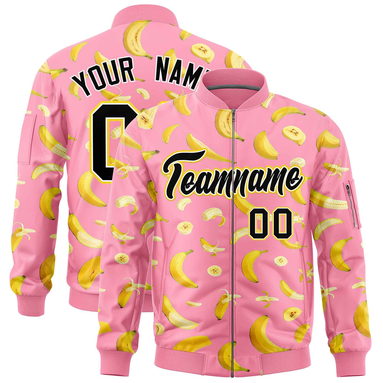 Custom Light Pink Varsity Full-Zip Banana Pattern Letterman Bomber Jacket | Graffiti Pattern | Embroidery&Dye-sublimation printing | KXKSHOP