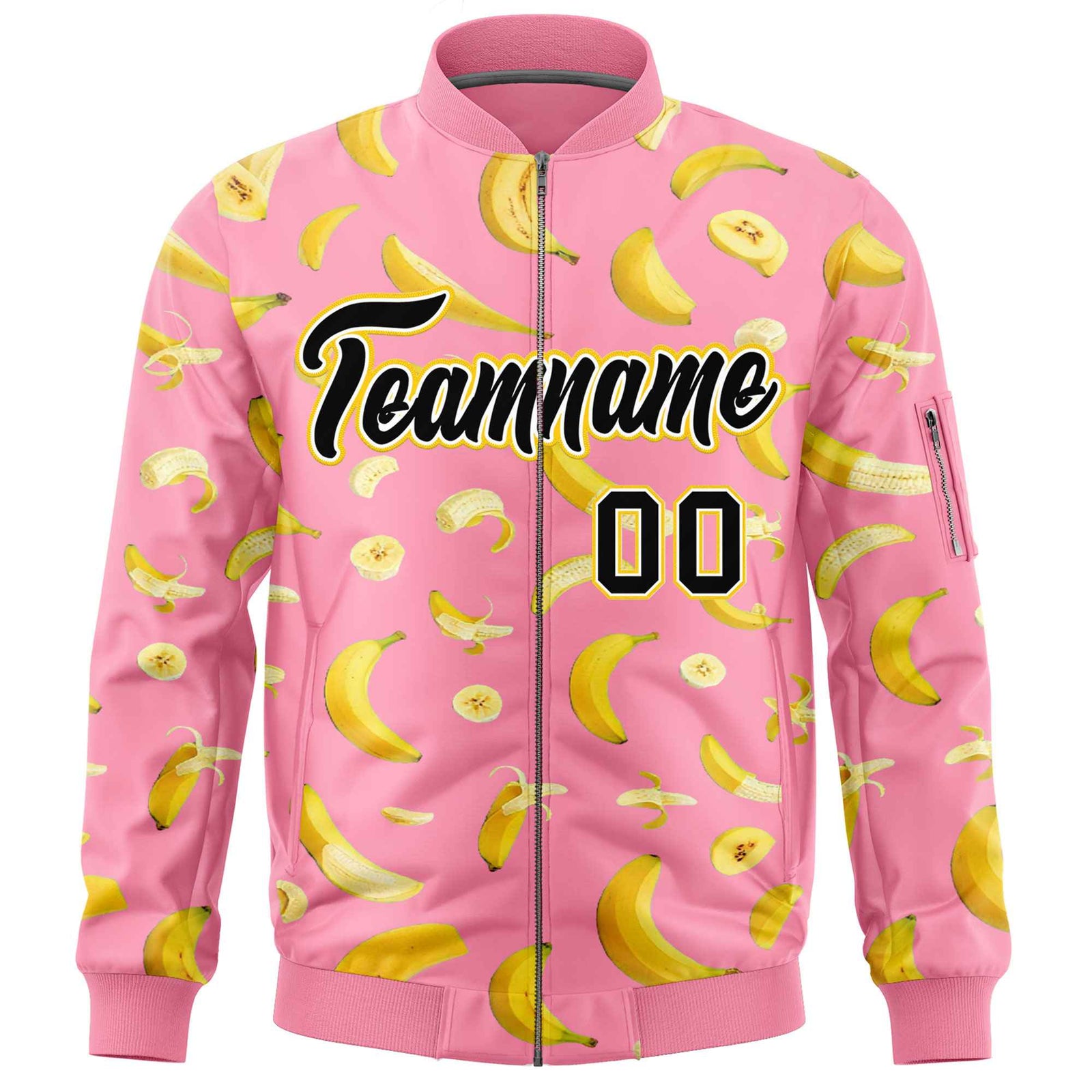 Custom Light Pink Varsity Full-Zip Banana Pattern Letterman Bomber Jacket | Graffiti Pattern | Embroidery&Dye-sublimation printing | KXKSHOP