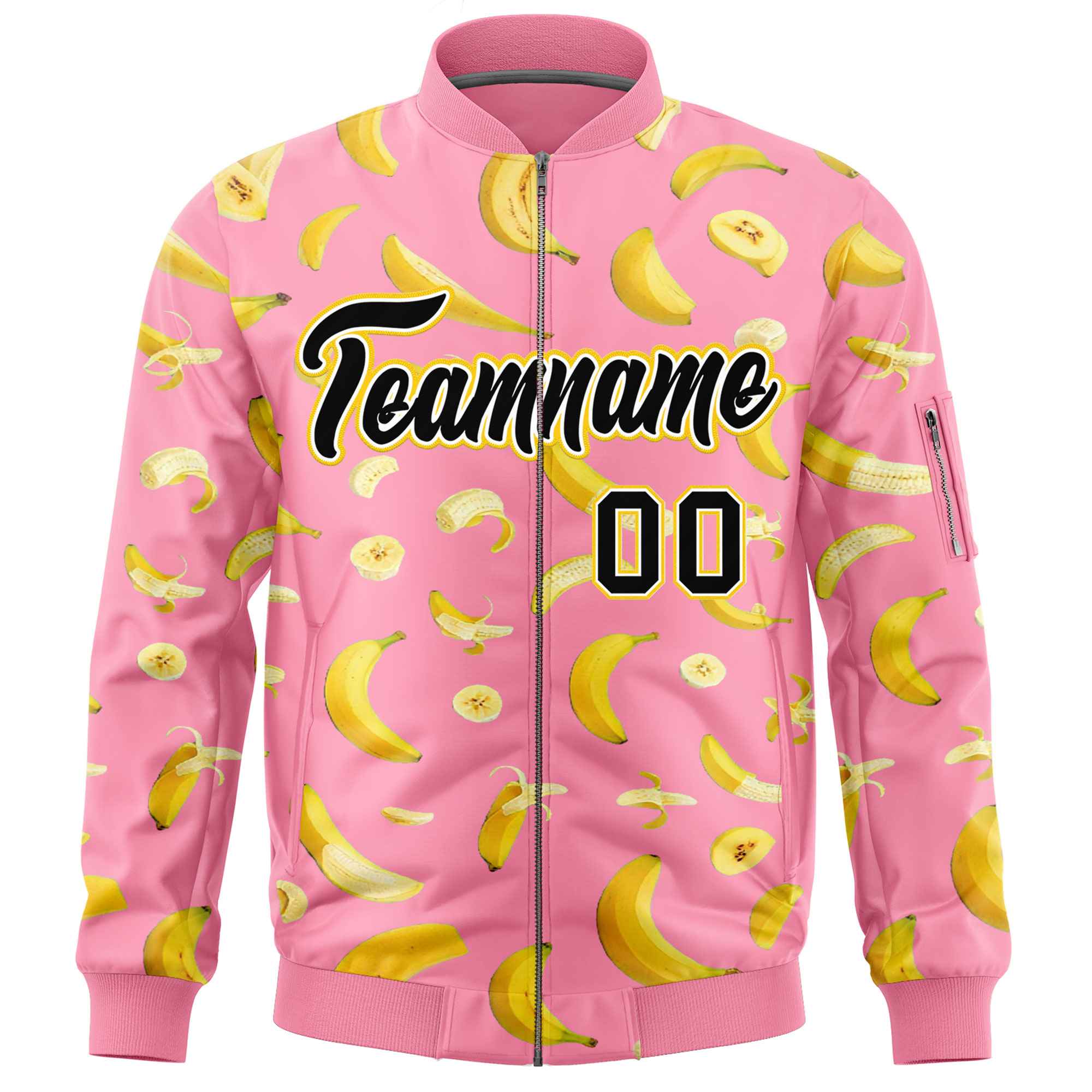 Custom Light Pink Varsity Full-Zip Banana Pattern Letterman Bomber Jacket | Graffiti Pattern | Embroidery&Dye-sublimation printing | KXKSHOP
