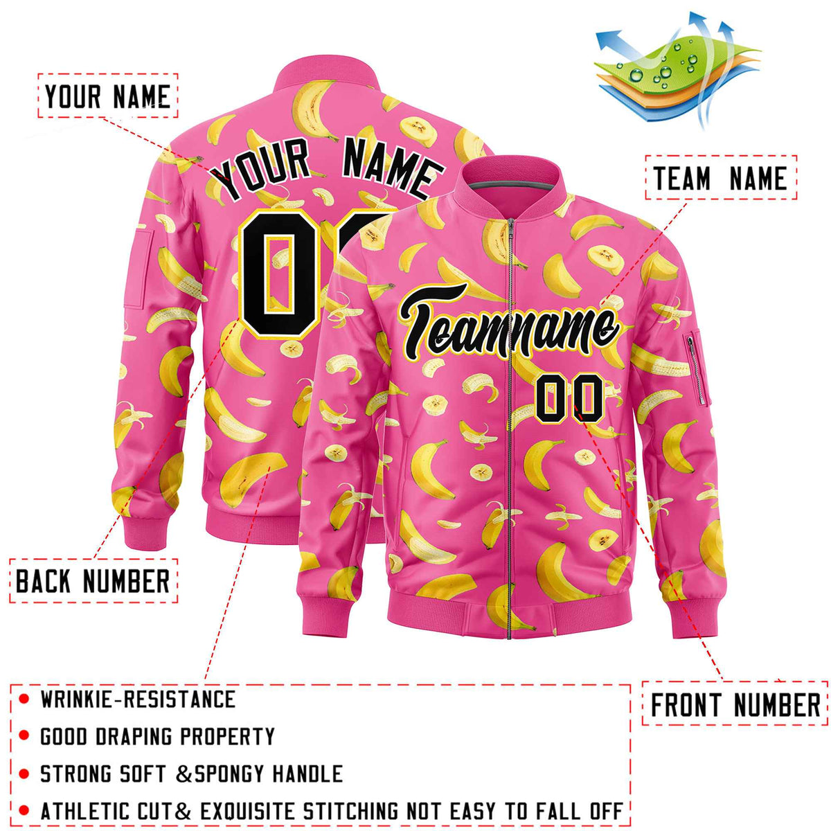 Custom Pink Varsity Full-Zip Banana Pattern Letterman Bomber Jacket | Graffiti Pattern | Embroidery&amp;Dye-sublimation printing | KXKSHOP