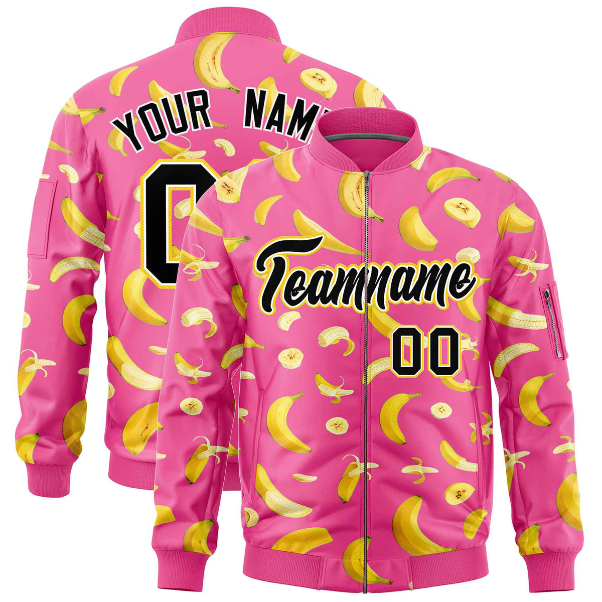 Custom Pink Varsity Full-Zip Banana Pattern Letterman Bomber Jacket | Graffiti Pattern | Embroidery&amp;Dye-sublimation printing | KXKSHOP