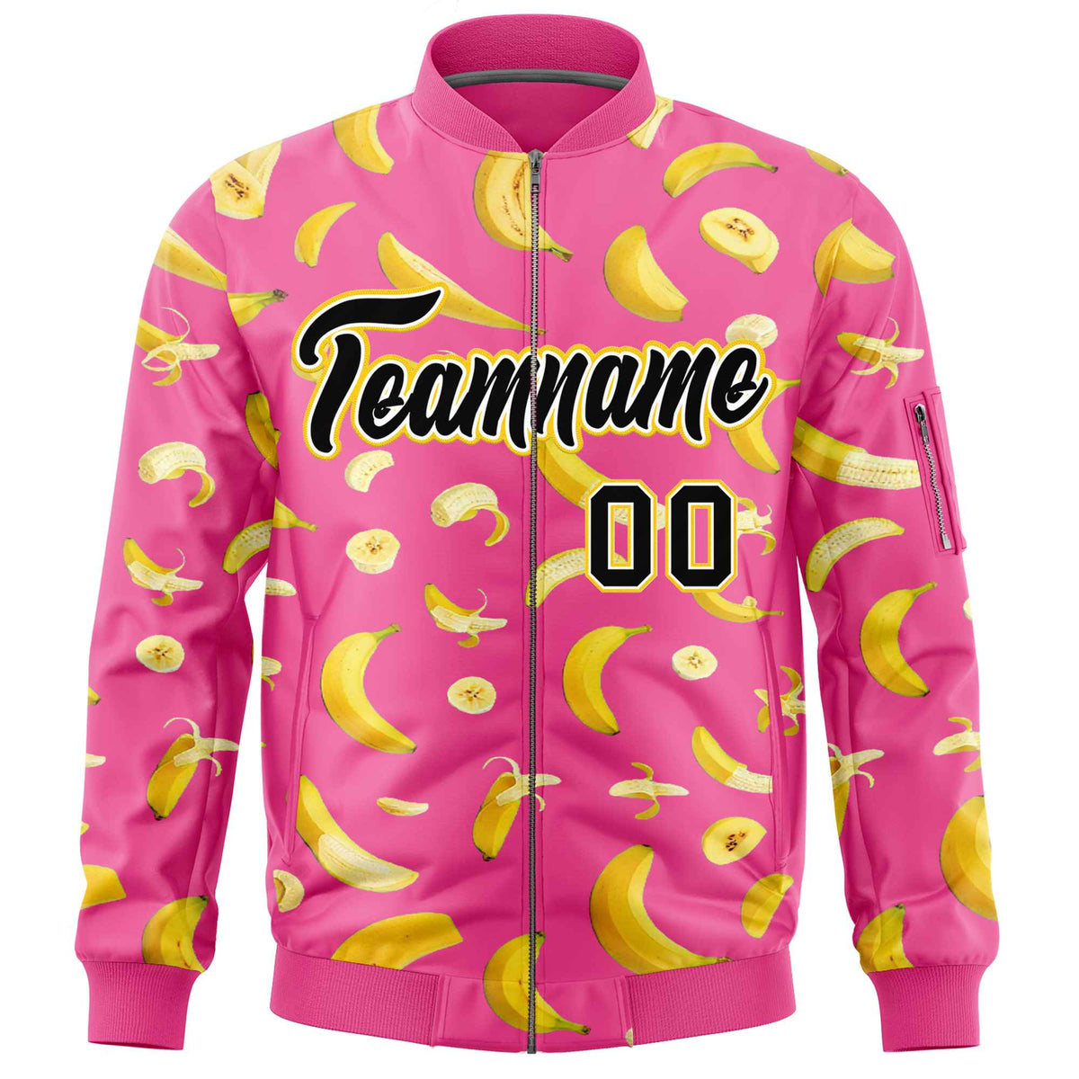 Custom Pink Varsity Full-Zip Banana Pattern Letterman Bomber Jacket | Graffiti Pattern | Embroidery&amp;Dye-sublimation printing | KXKSHOP