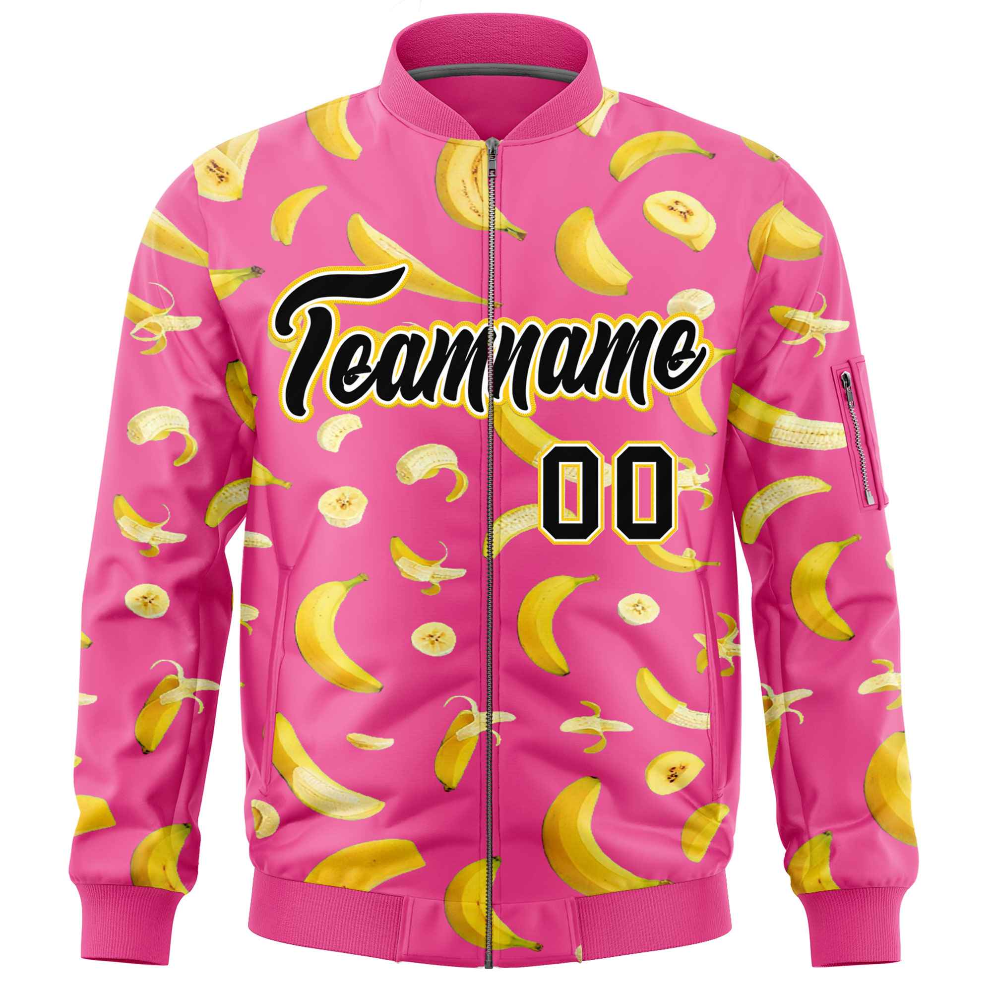 Custom Pink Varsity Full-Zip Banana Pattern Letterman Bomber Jacket | Graffiti Pattern | Embroidery&Dye-sublimation printing | KXKSHOP