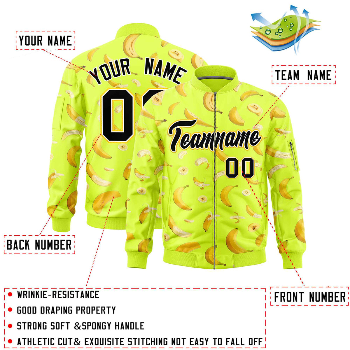 Custom Fluorescent Green Varsity Full-Zip Banana Pattern Letterman Bomber Jacket | Graffiti Pattern | Embroidery&amp;Dye-sublimation printing | KXKSHOP
