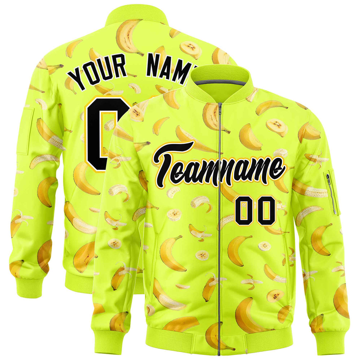 Custom Fluorescent Green Varsity Full-Zip Banana Pattern Letterman Bomber Jacket | Graffiti Pattern | Embroidery&amp;Dye-sublimation printing | KXKSHOP