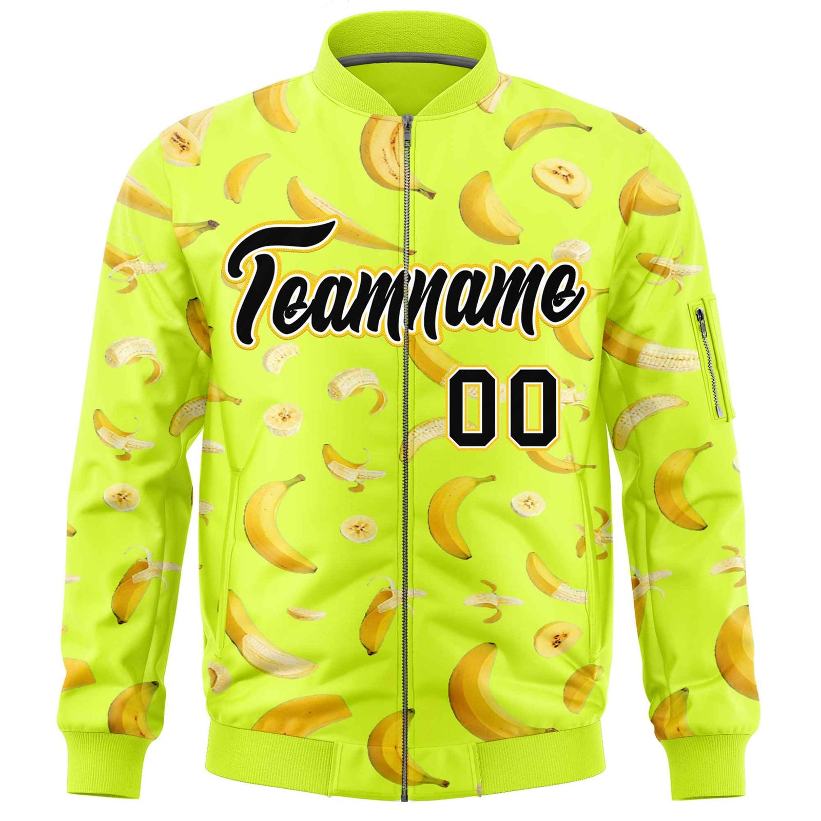 Custom Fluorescent Green Varsity Full-Zip Banana Pattern Letterman Bomber Jacket | Graffiti Pattern | Embroidery&Dye-sublimation printing | KXKSHOP