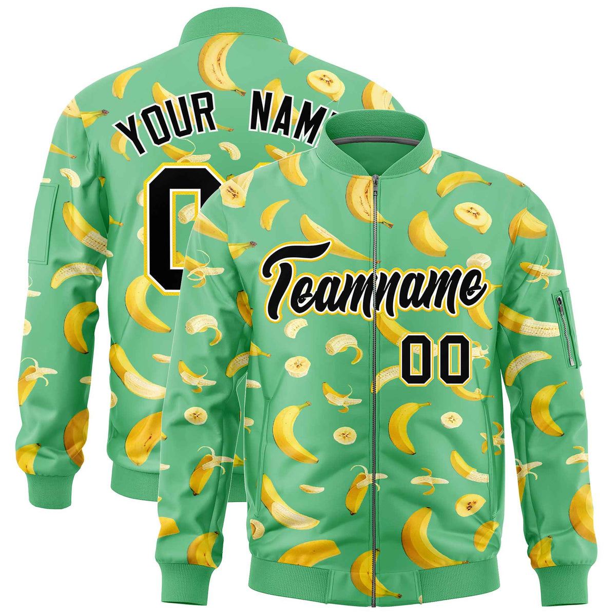 Custom Neon Green Varsity Full-Zip Banana Pattern Letterman Bomber Jacket | Graffiti Pattern | Embroidery&amp;Dye-sublimation printing | KXKSHOP