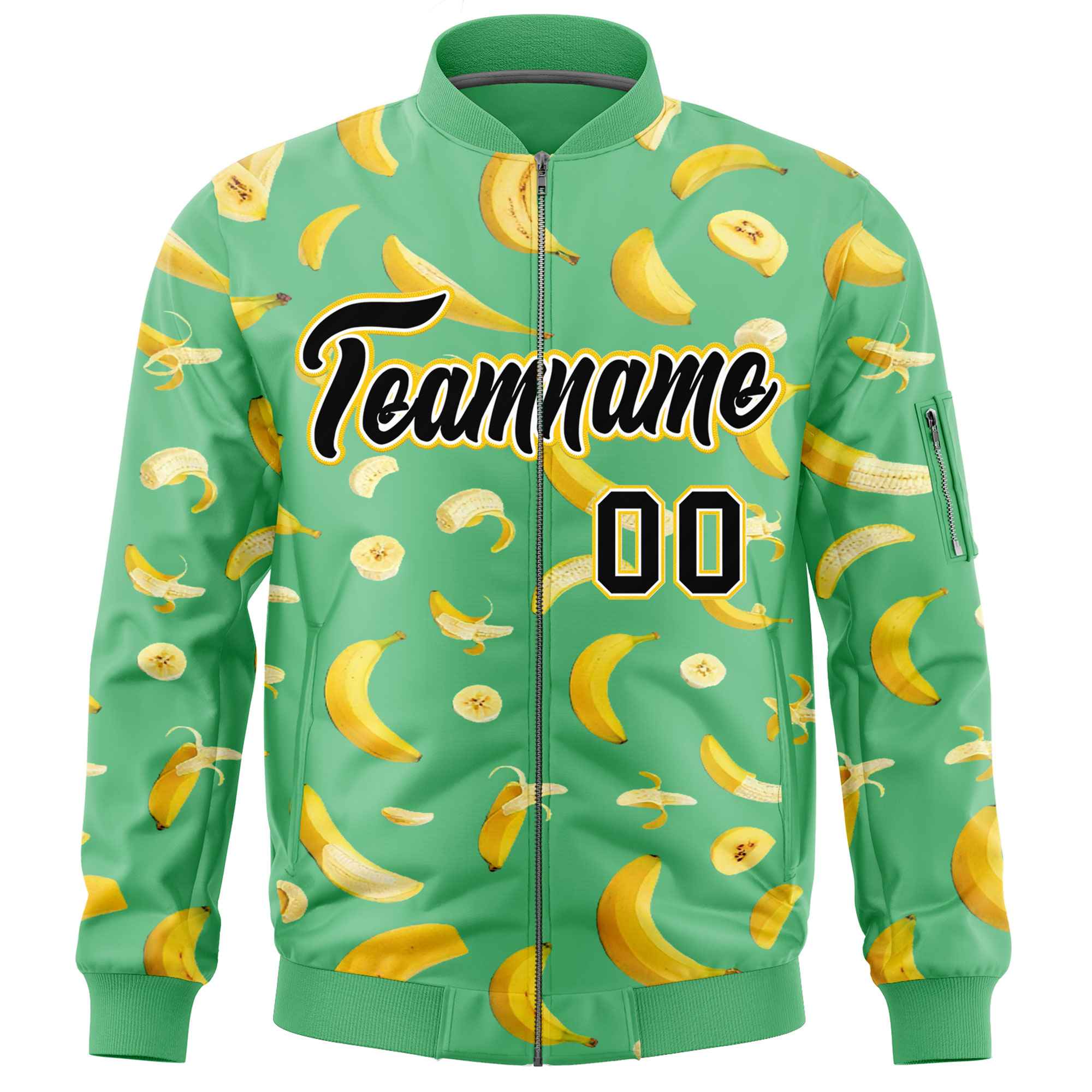Custom Neon Green Varsity Full-Zip Banana Pattern Letterman Bomber Jacket | Graffiti Pattern | Embroidery&Dye-sublimation printing | KXKSHOP