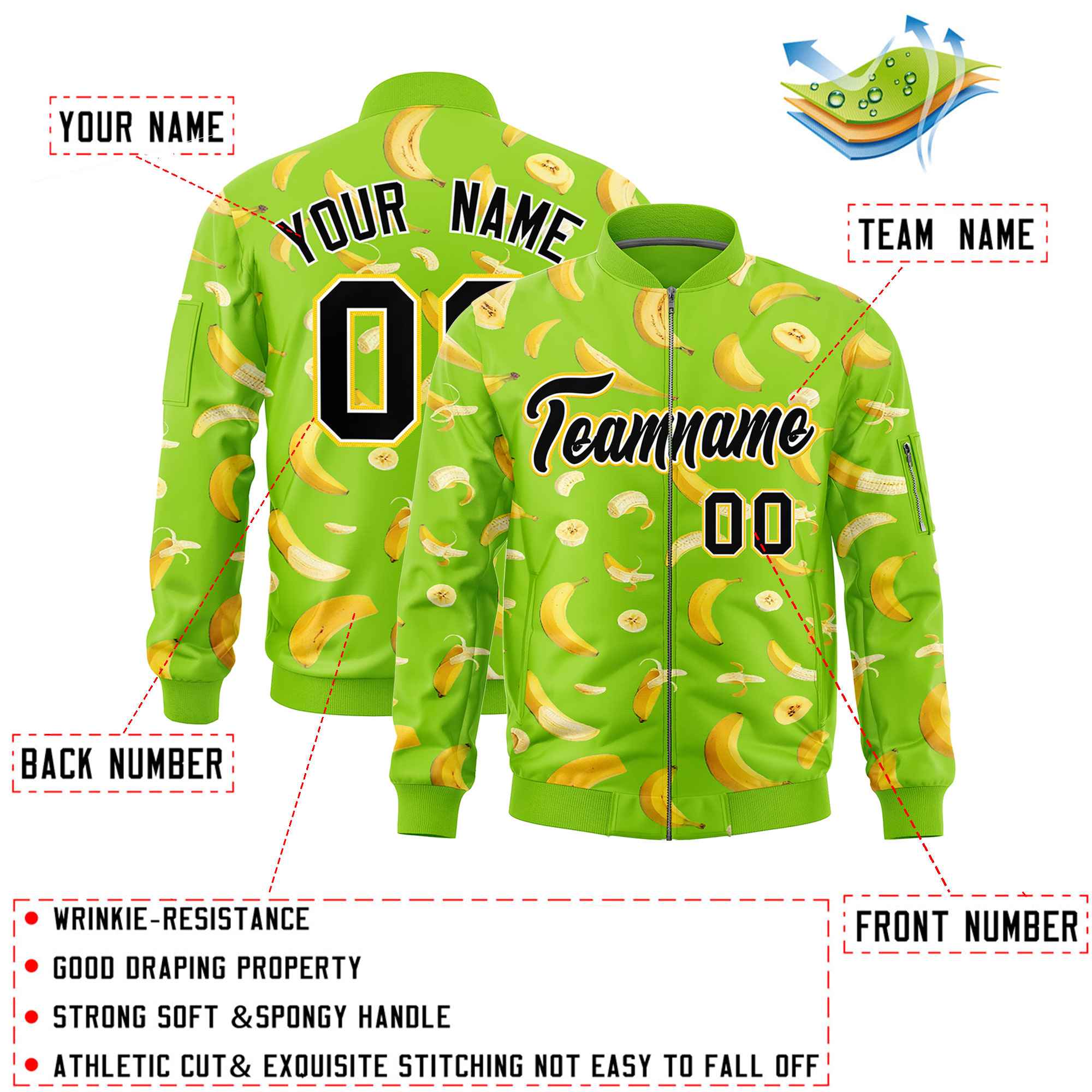 Custom Neon Green Varsity Full-Zip Banana Pattern Letterman Bomber Jacket | Graffiti Pattern | Embroidery&Dye-sublimation printing | KXKSHOP