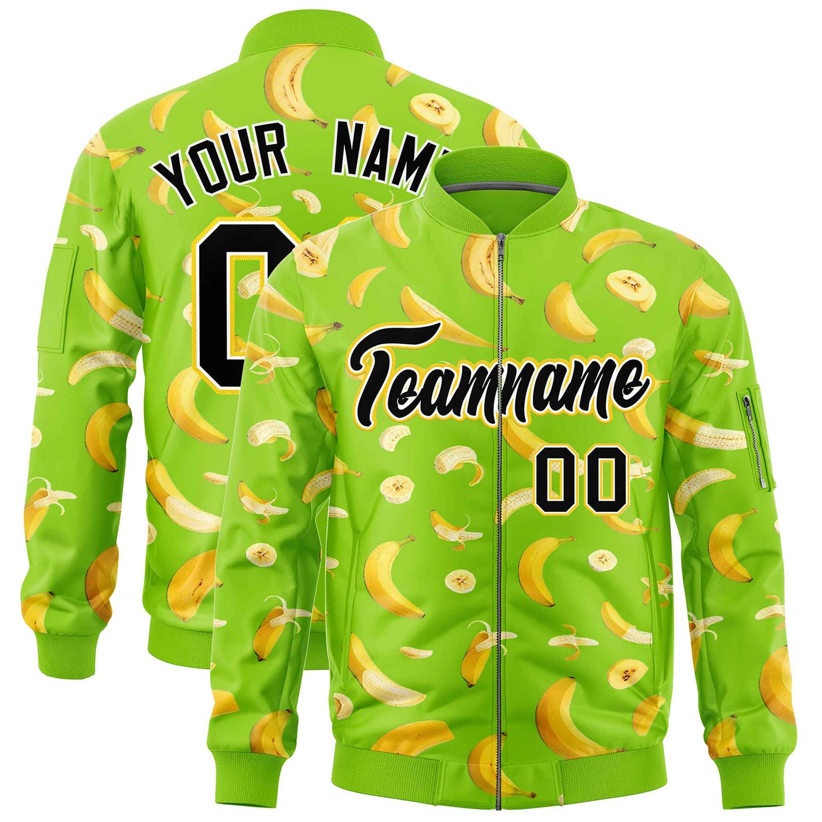 Custom Neon Green Varsity Full-Zip Banana Pattern Letterman Bomber Jacket | Graffiti Pattern | Embroidery&Dye-sublimation printing | KXKSHOP