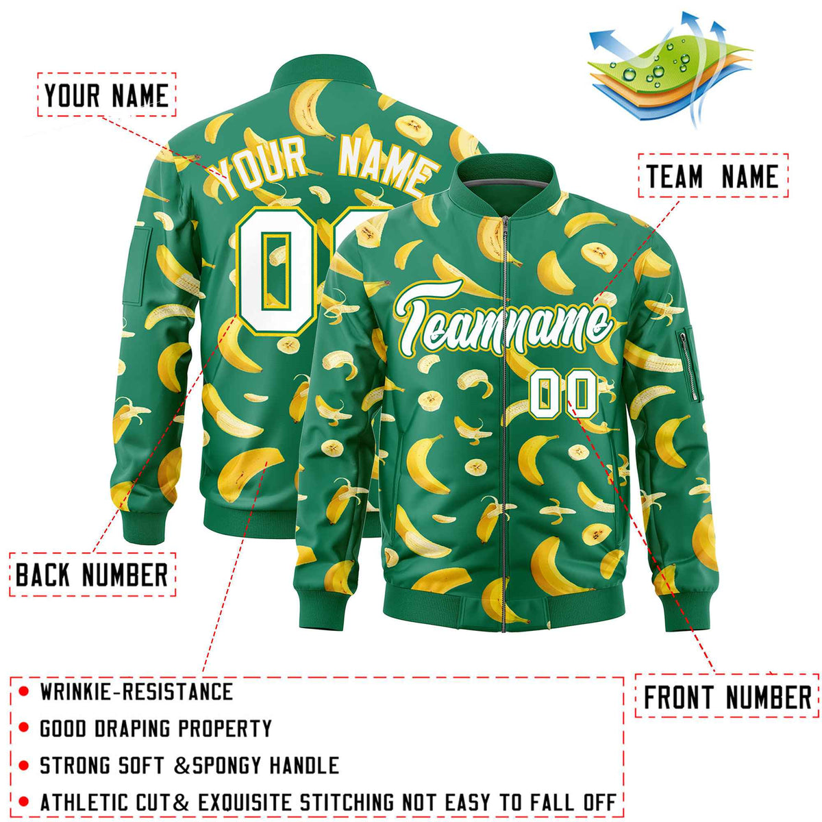 Custom Kelly Green Varsity Full-Zip Banana Pattern Letterman Bomber Jacket | Graffiti Pattern | Embroidery&amp;Dye-sublimation printing | KXKSHOP