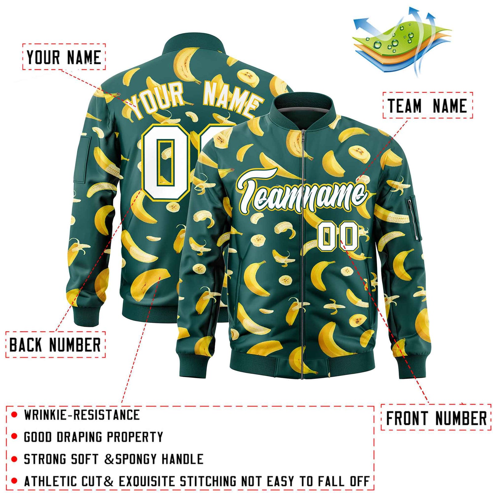 Custom Midnight Green Varsity Full-Zip Banana Pattern Letterman Bomber Jacket | Graffiti Pattern | Embroidery&Dye-sublimation printing | KXKSHOP