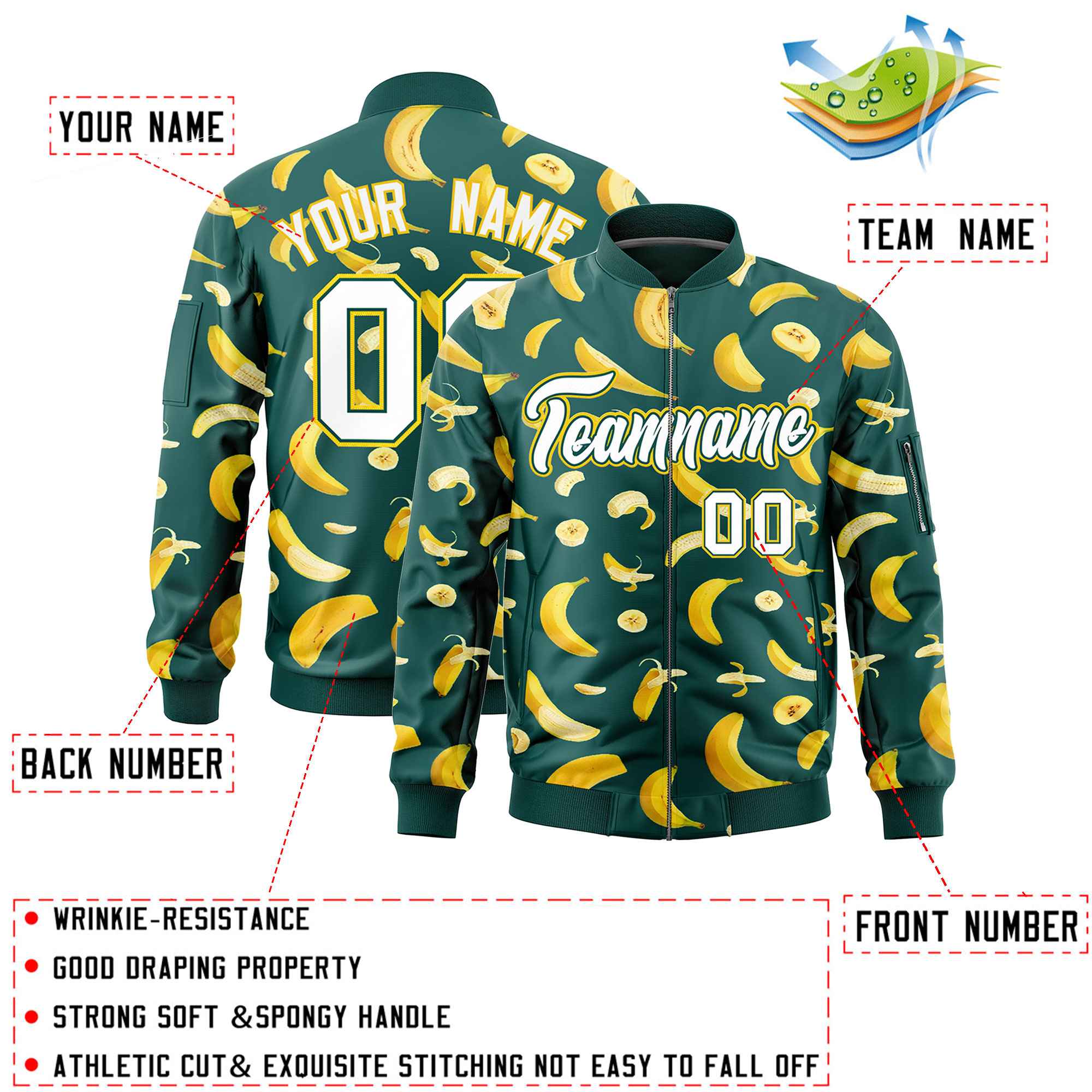 Custom Midnight Green Varsity Full-Zip Banana Pattern Letterman Bomber Jacket | Graffiti Pattern | Embroidery&Dye-sublimation printing | KXKSHOP