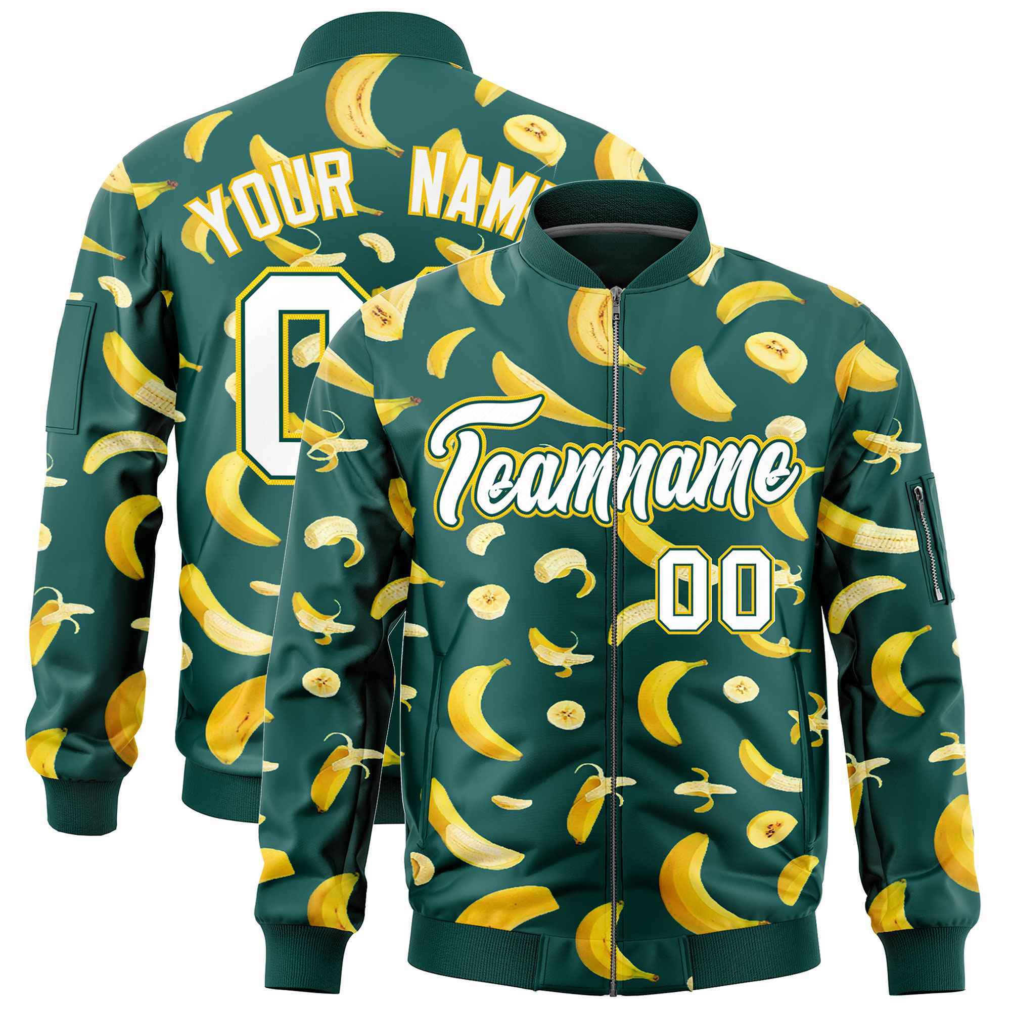 Custom Midnight Green Varsity Full-Zip Banana Pattern Letterman Bomber Jacket | Graffiti Pattern | Embroidery&Dye-sublimation printing | KXKSHOP