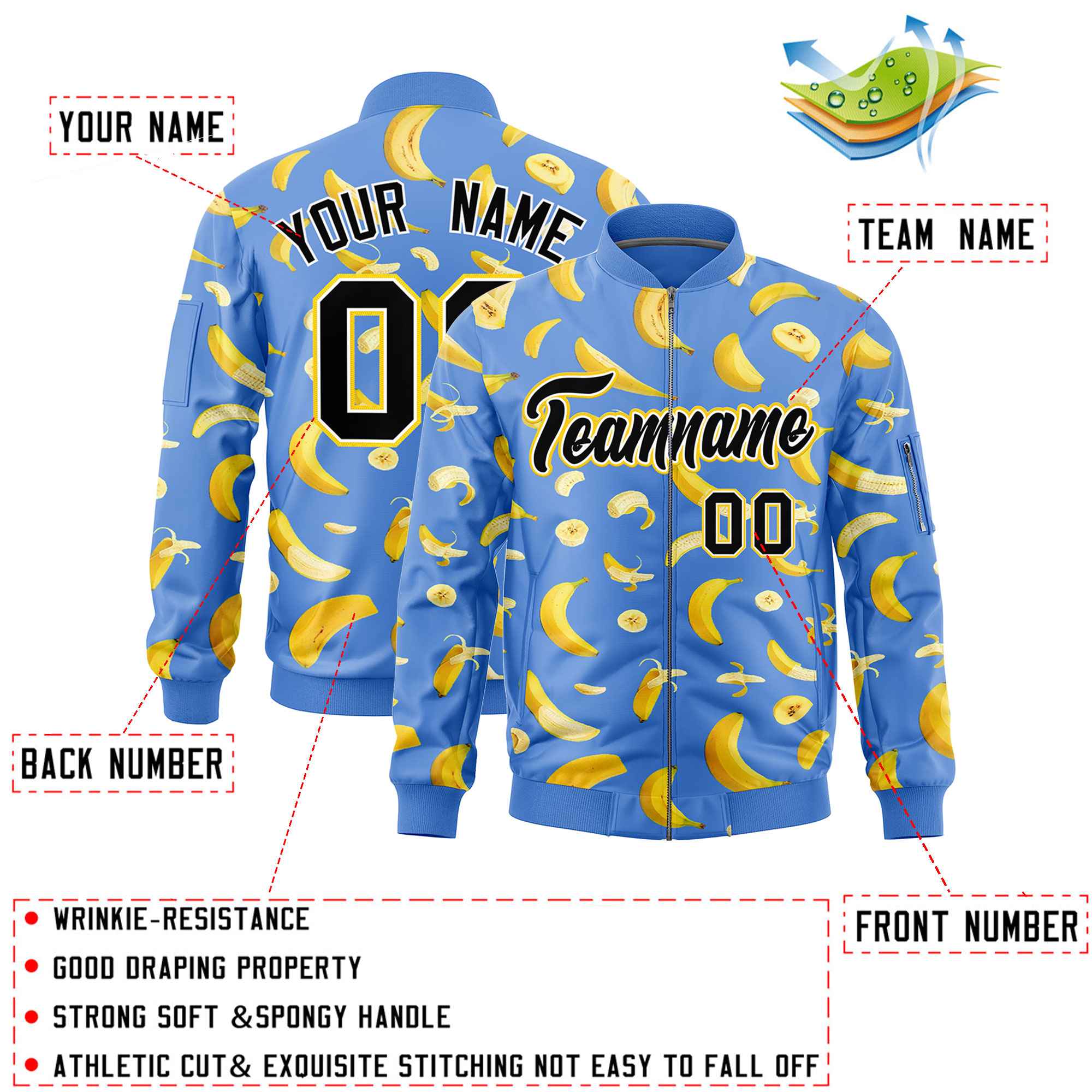 Custom Powder Blue Varsity Full-Zip Banana Pattern Letterman Bomber Jacket | Graffiti Pattern | Embroidery&Dye-sublimation printing | KXKSHOP