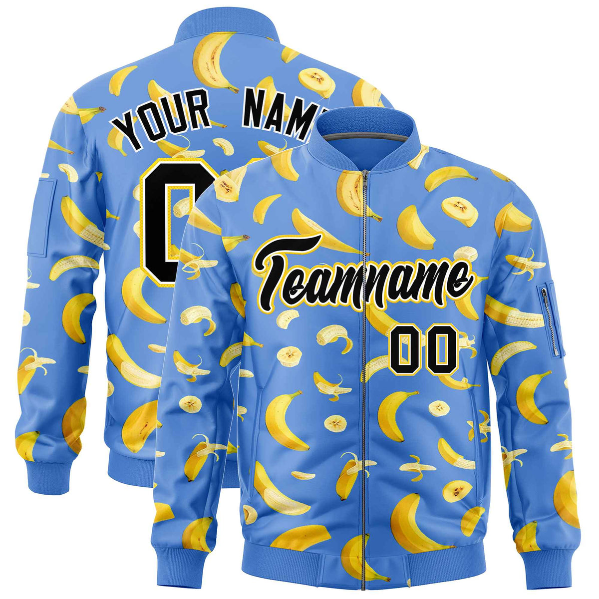 Custom Powder Blue Varsity Full-Zip Banana Pattern Letterman Bomber Jacket | Graffiti Pattern | Embroidery&amp;Dye-sublimation printing | KXKSHOP