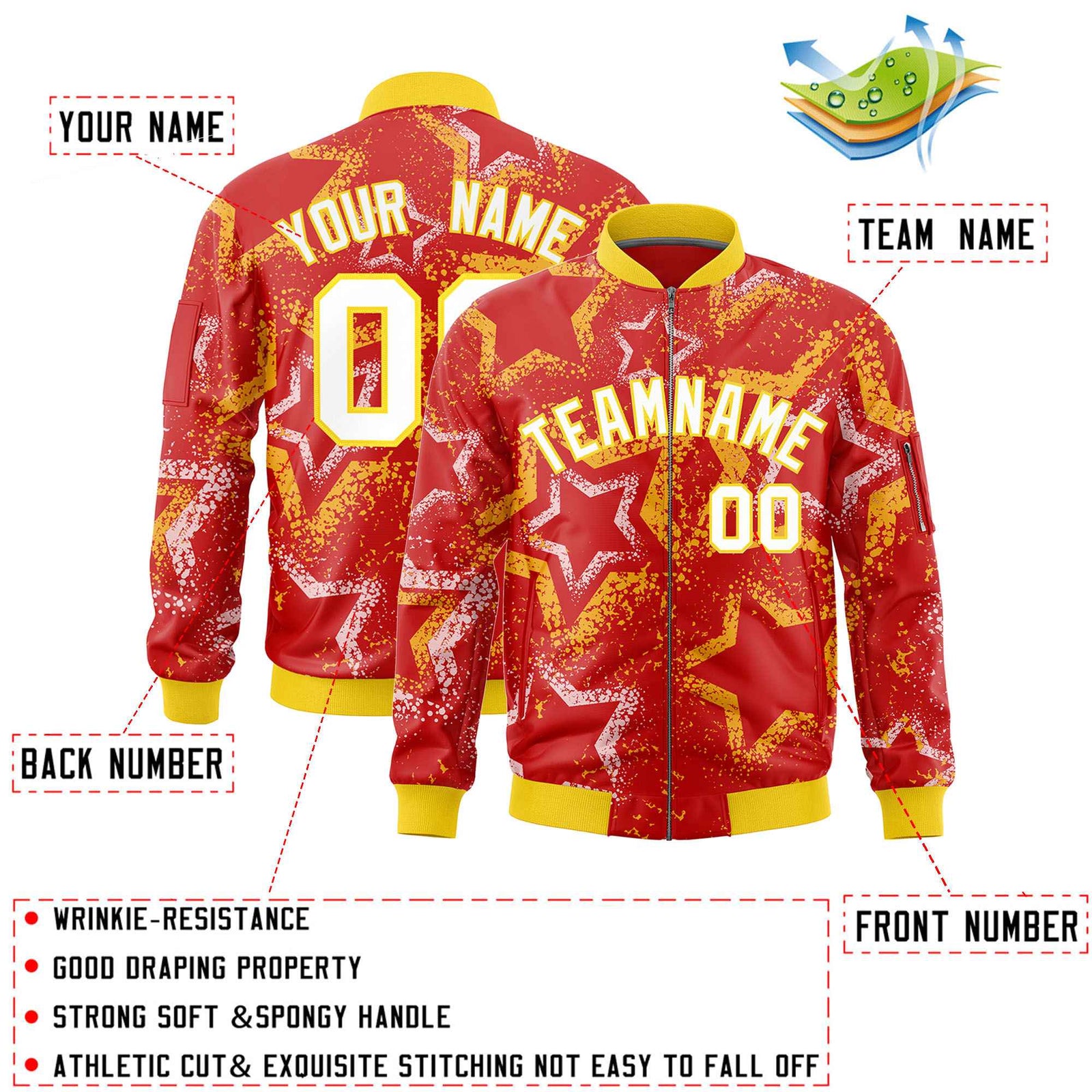 Custom Red Varsity Full-Zip Star Pattern Letterman Bomber Jacket