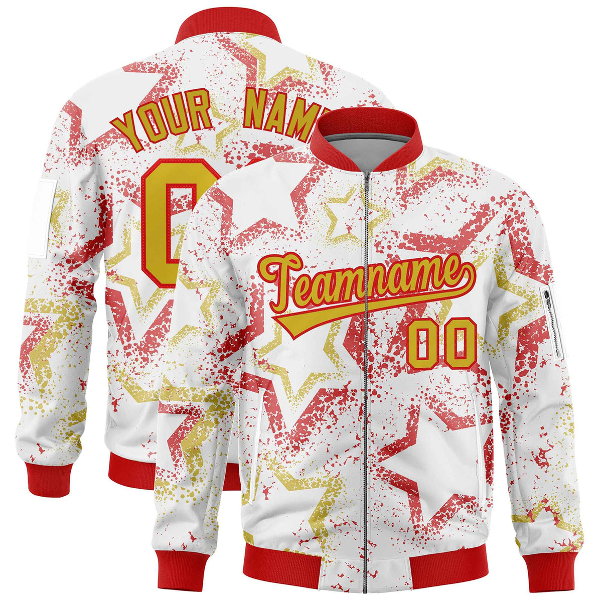 Custom White Varsity Full-Zip Star Pattern Letterman Bomber Jacket