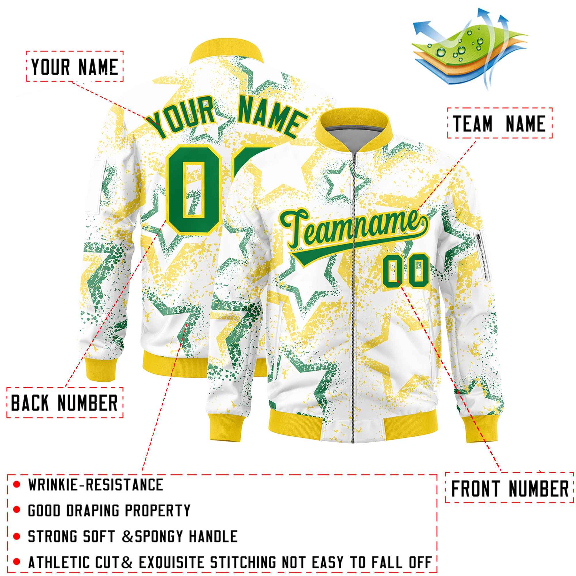 Custom White Varsity Full-Zip Star Pattern Letterman Bomber Jacket