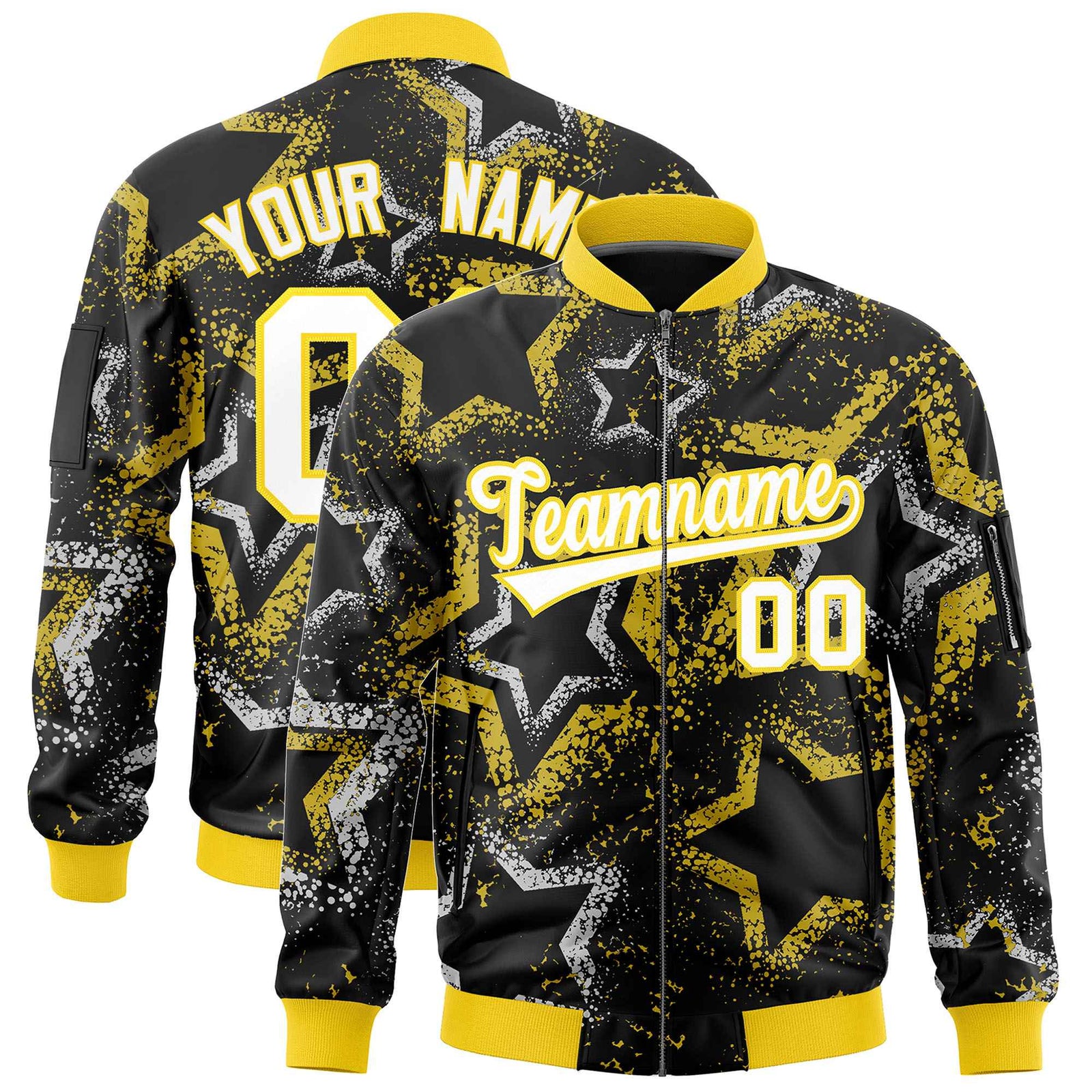 Custom Black Varsity Full-Zip Star Pattern Letterman Bomber Jacket
