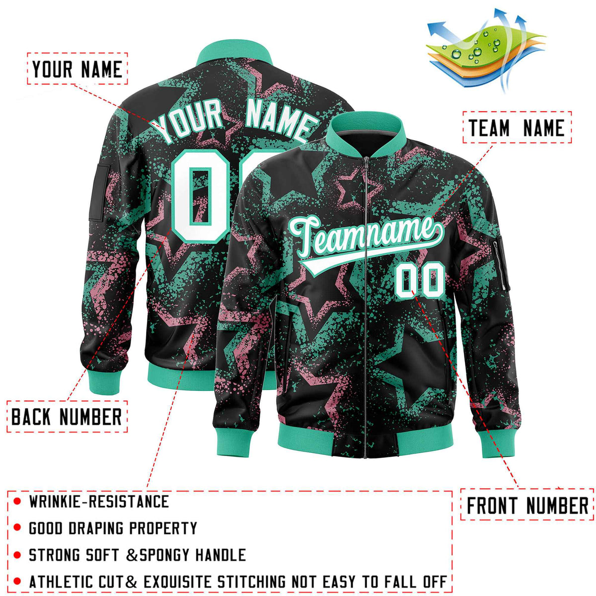 Custom Black Varsity Full-Zip Star Pattern Letterman Bomber Jacket