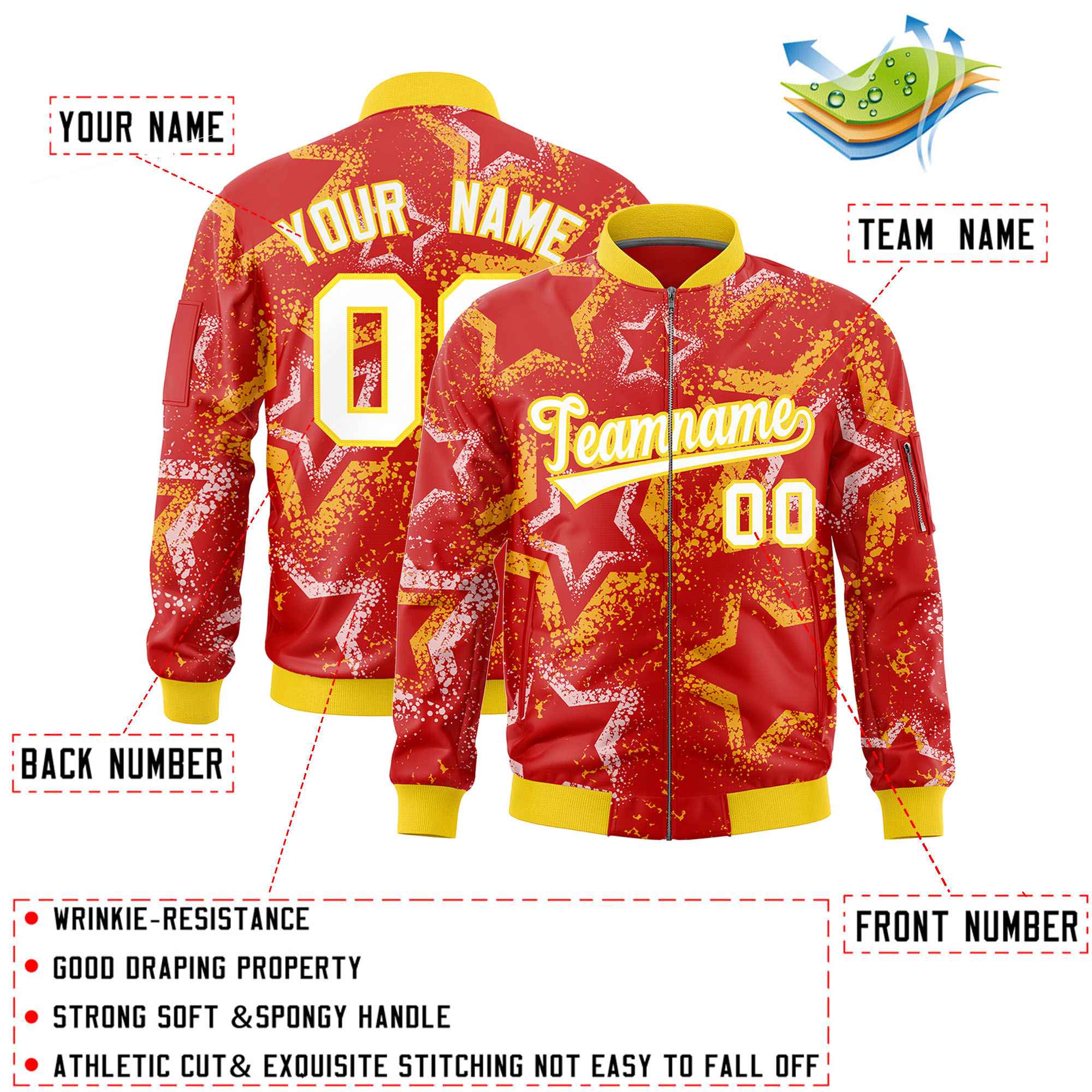 Custom Red Varsity Full-Zip Star Pattern Letterman Bomber Jacket