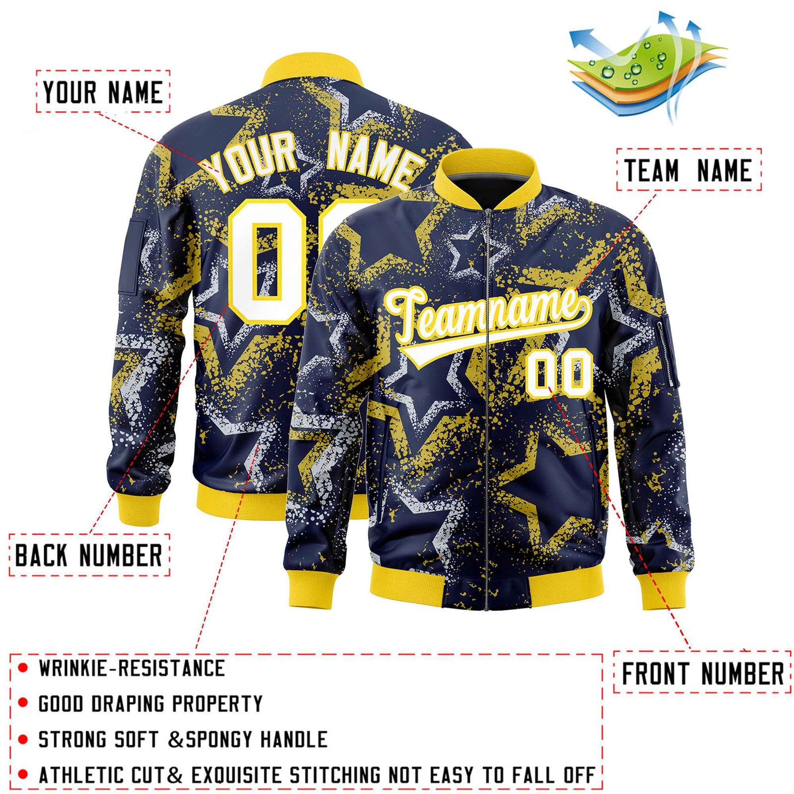 Custom Navy Varsity Full-Zip Star Pattern Letterman Bomber Jacket