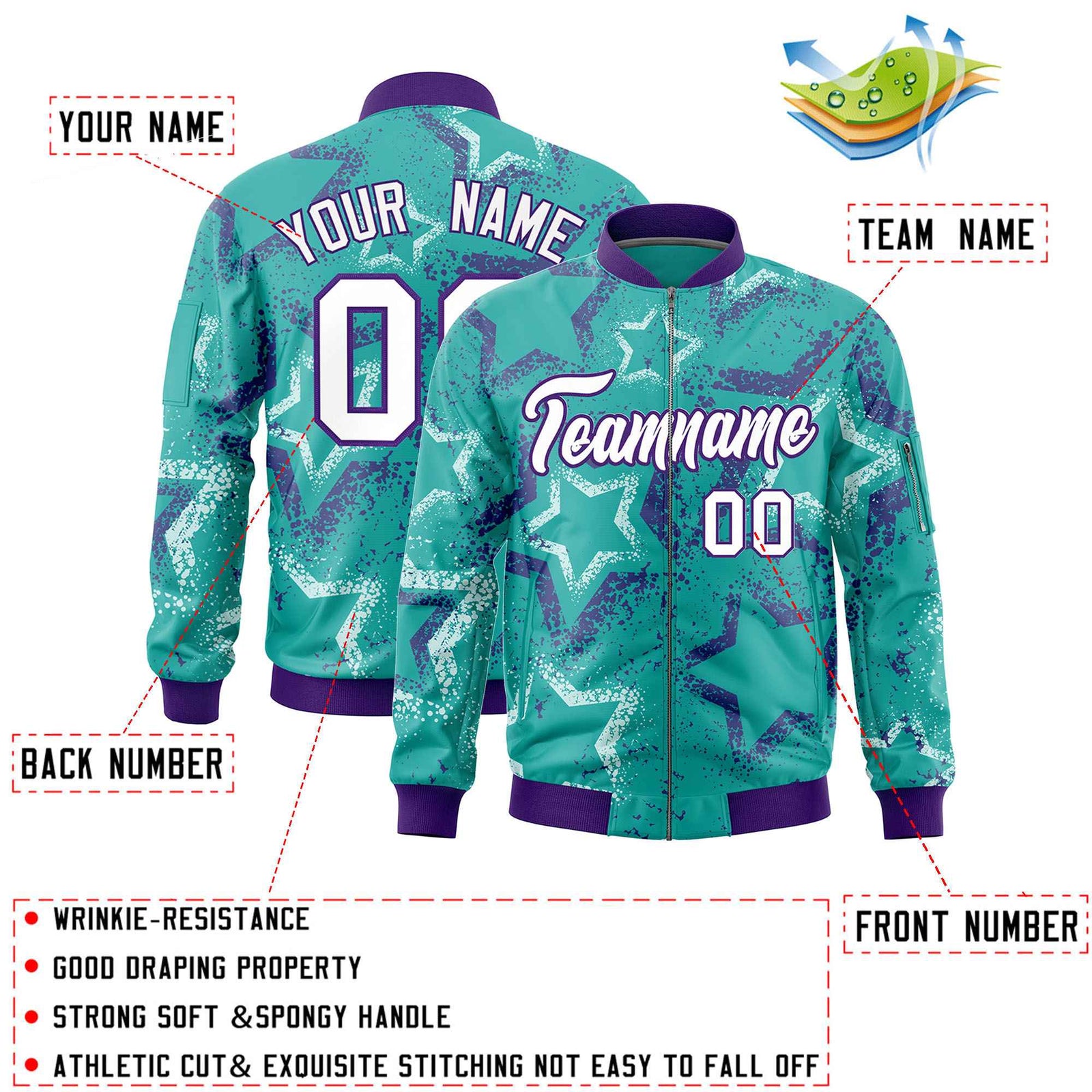 Custom Aqua Varsity Full-Zip Star Pattern Letterman Bomber Jacket