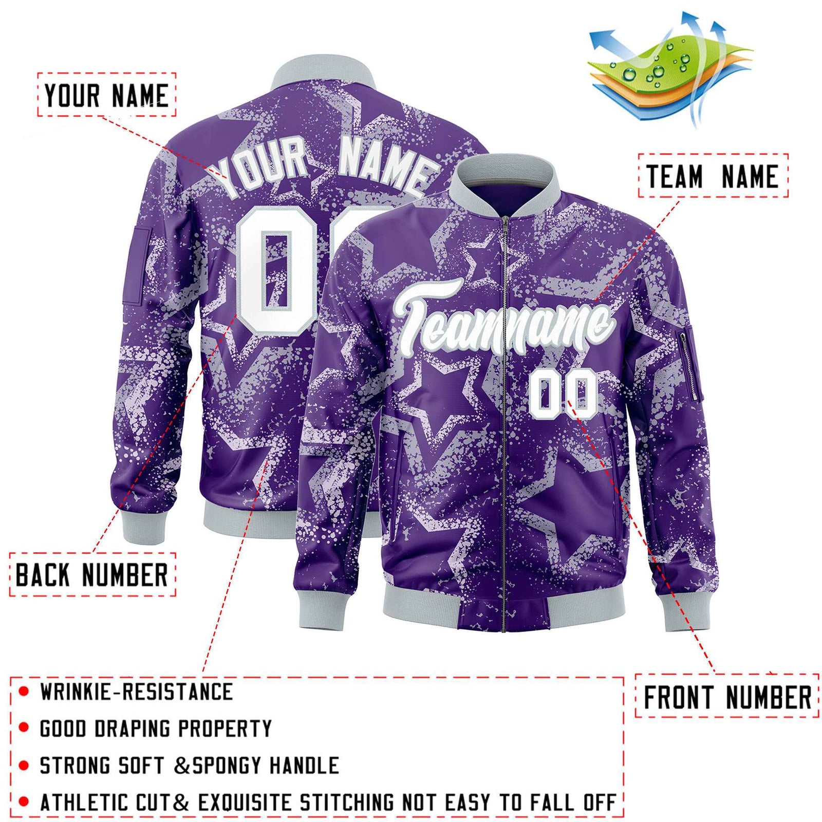 Custom Purple Varsity Full-Zip Star Pattern Letterman Bomber Jacket