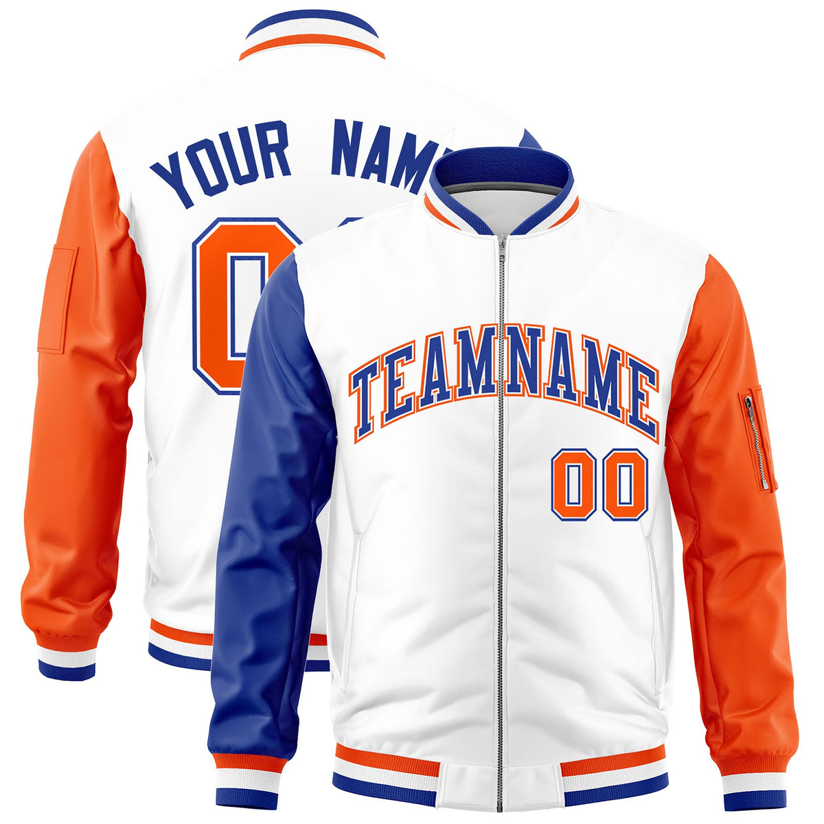 Custom White Royal Orange Varsity Full-Zip Raglan Sleeves Letterman Bomber Jacket