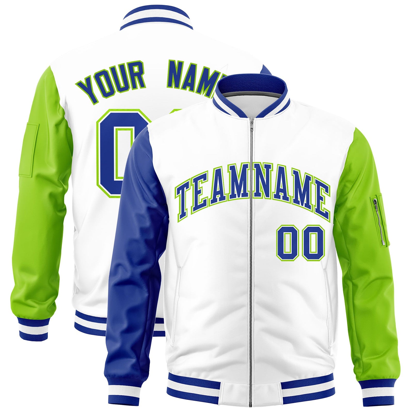 Custom White Royal Neon Green Varsity Full-Zip Raglan Sleeves Letterman Bomber Jacket