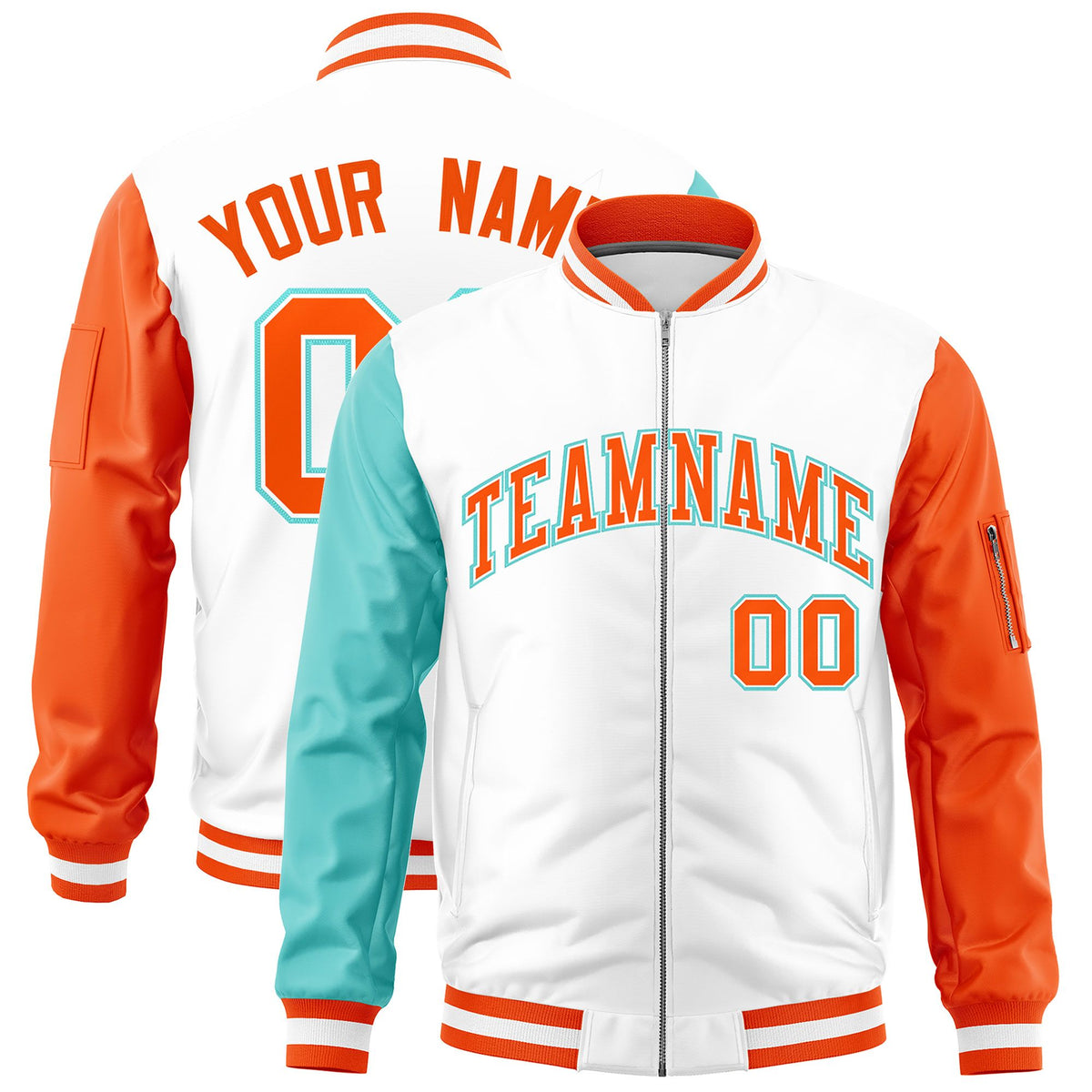 Custom White Bright Green Orange Varsity Full-Zip Raglan Sleeves Letterman Bomber Jacket