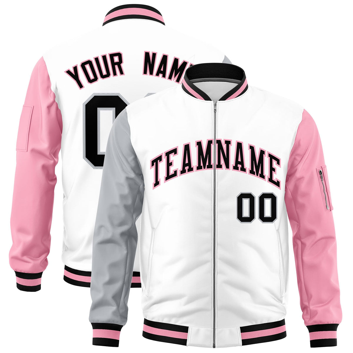 Custom White Silver Light Pink Varsity Full-Zip Raglan Sleeves Letterman Bomber Jacket