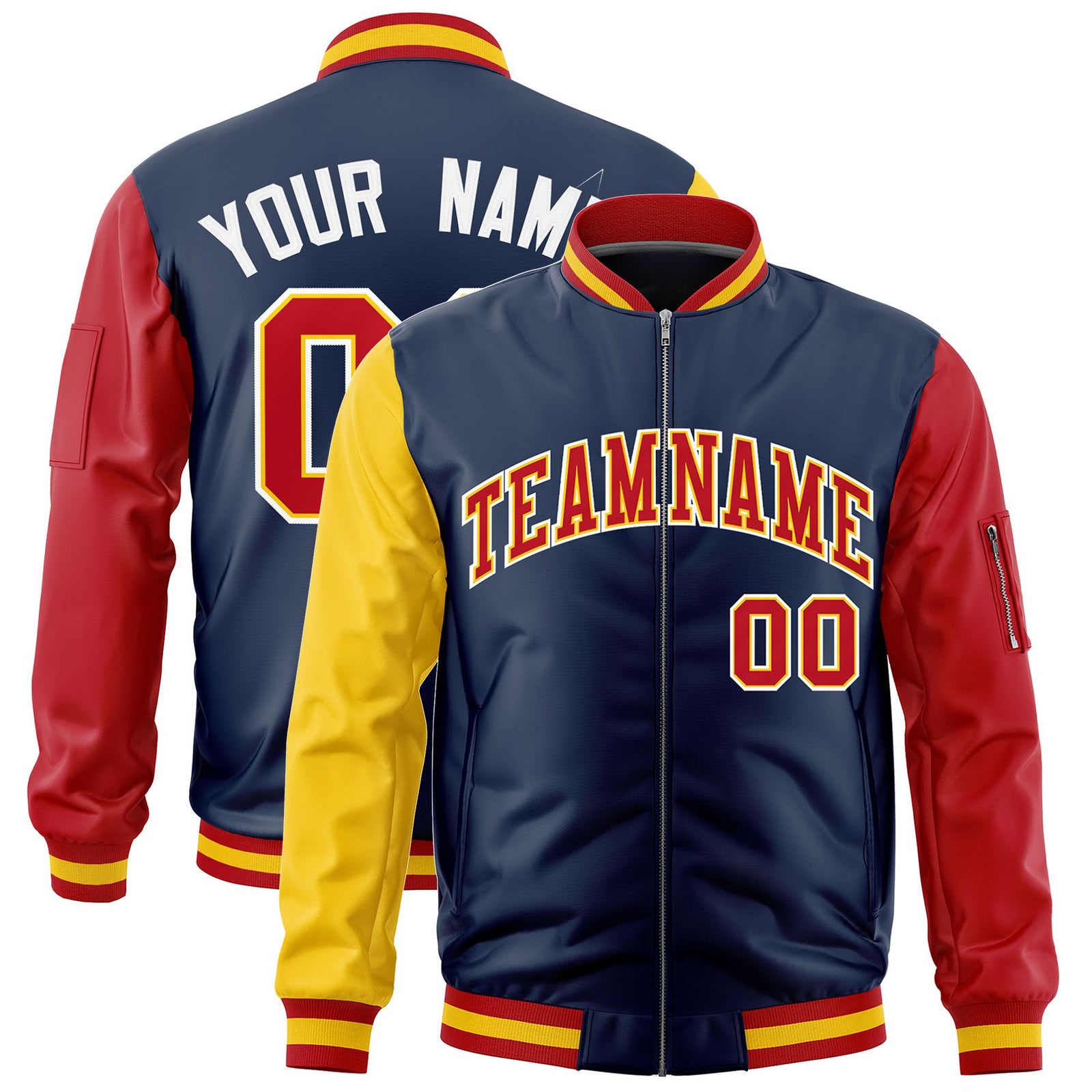 Custom Navy Gold Red Varsity Full-Zip Raglan Sleeves Letterman Bomber Jacket