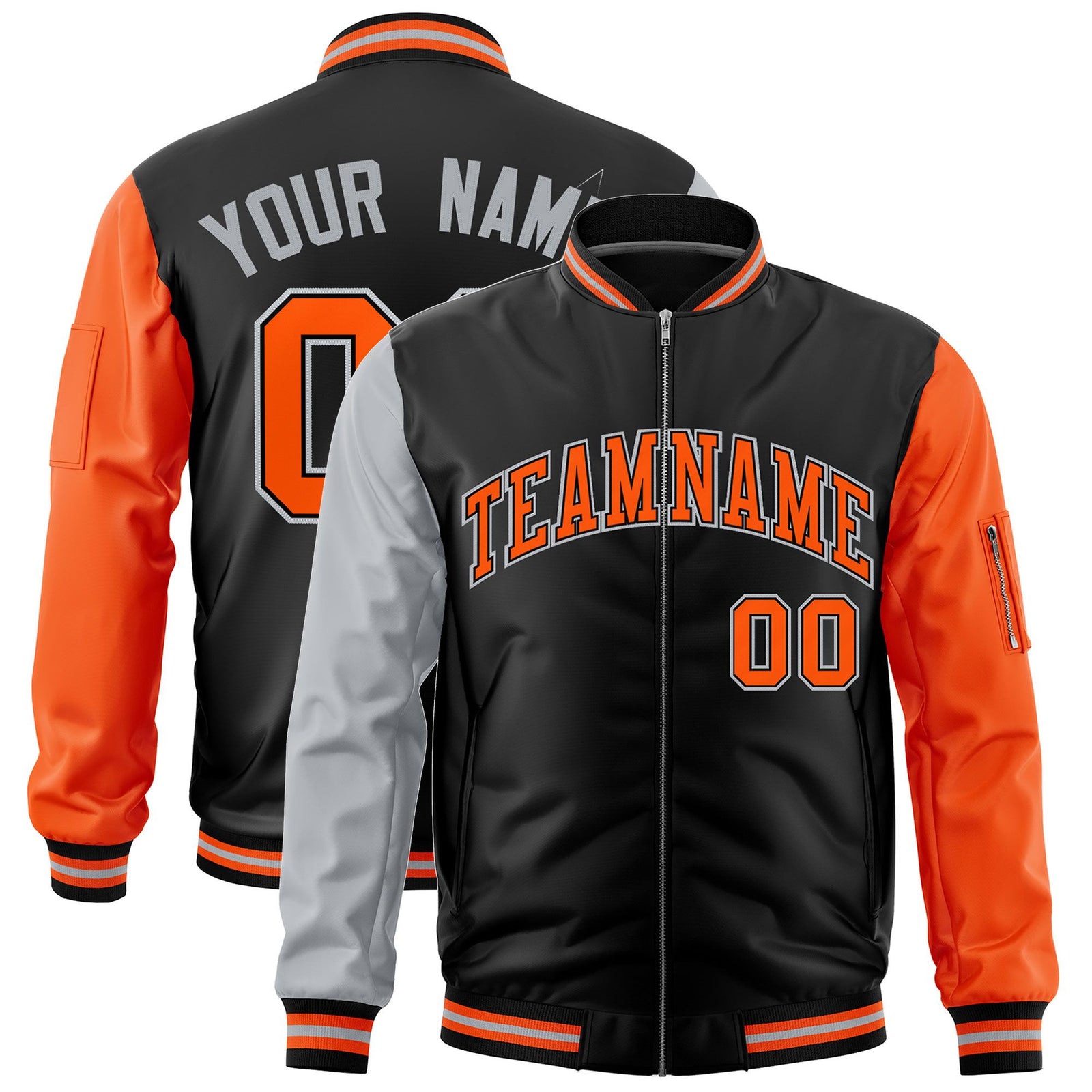 Custom Black Silver Orange Varsity Full-Zip Raglan Sleeves Letterman Bomber Jacket