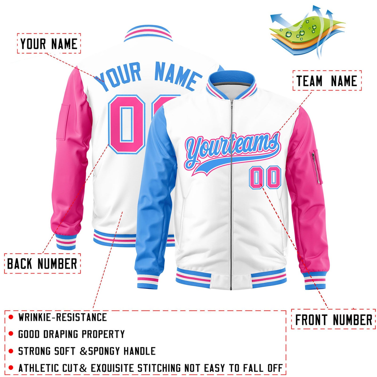Custom White Powder Blue Pink Varsity Full-Zip Raglan Sleeves Letterman Bomber Jacket