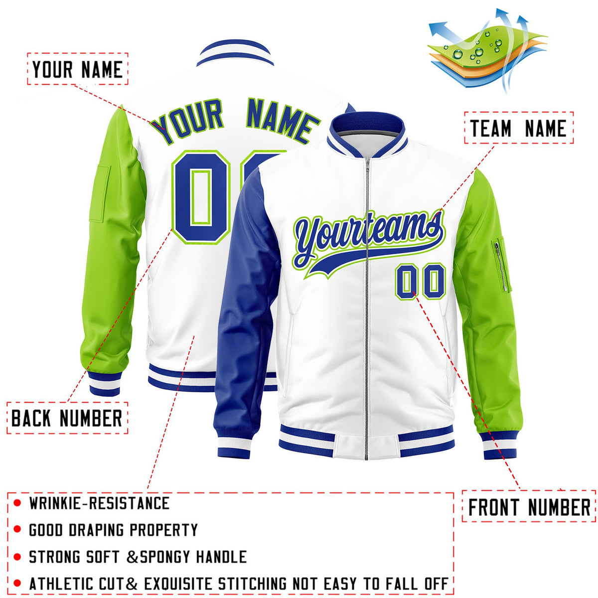 Custom White Royal Neon Green Varsity Full-Zip Raglan Sleeves Letterman Bomber Jacket